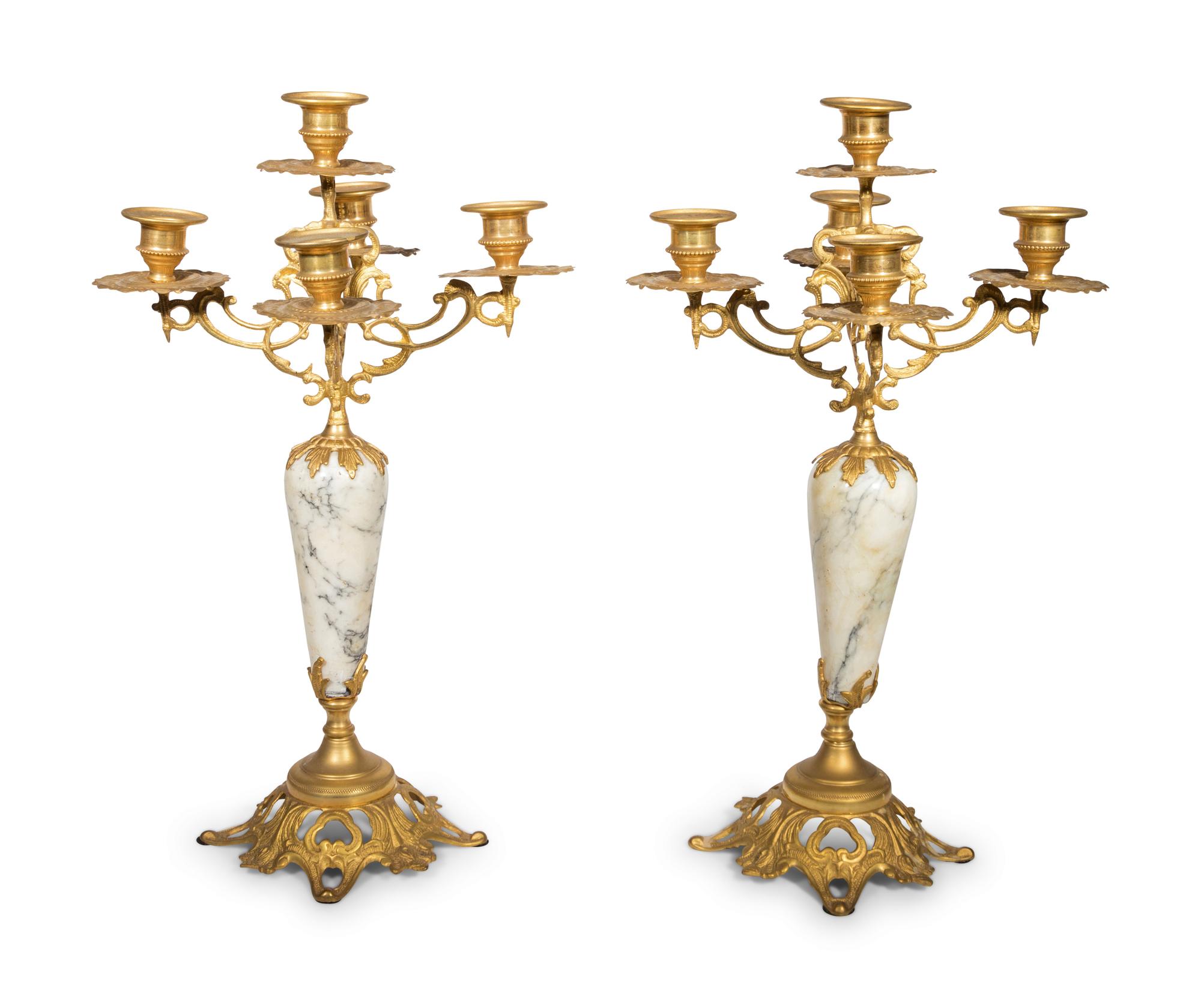 A Pair of Continental Gilt Bronze and Marble Five-Light Candelabra