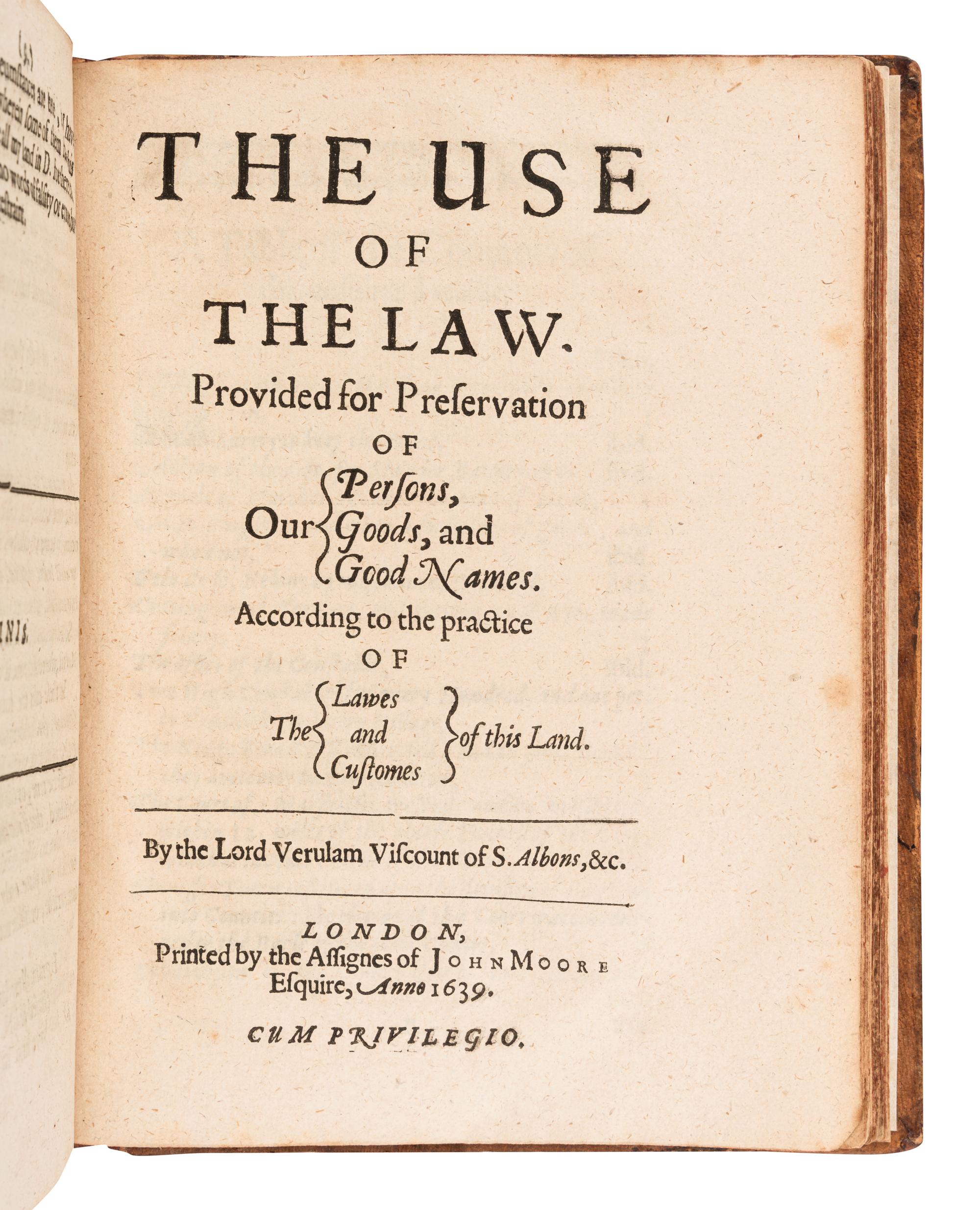 BACON, Francis, Sir (1561-1626). The Elements of the Common Lawes of England . London: Printed by R. Young for the assigns of John More, 1639.