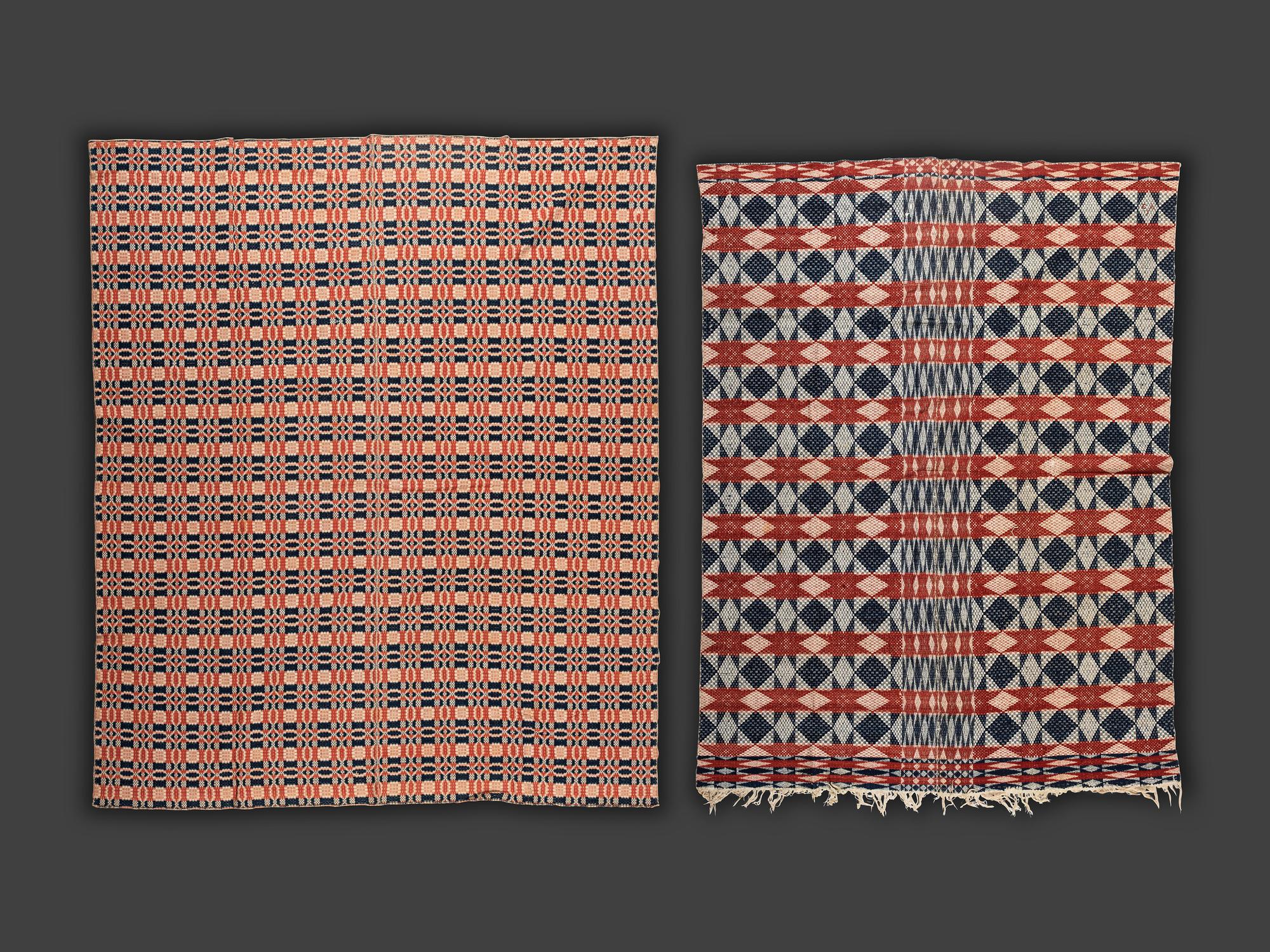 Four Red, White and Blue Woven Jacquard Coverlets