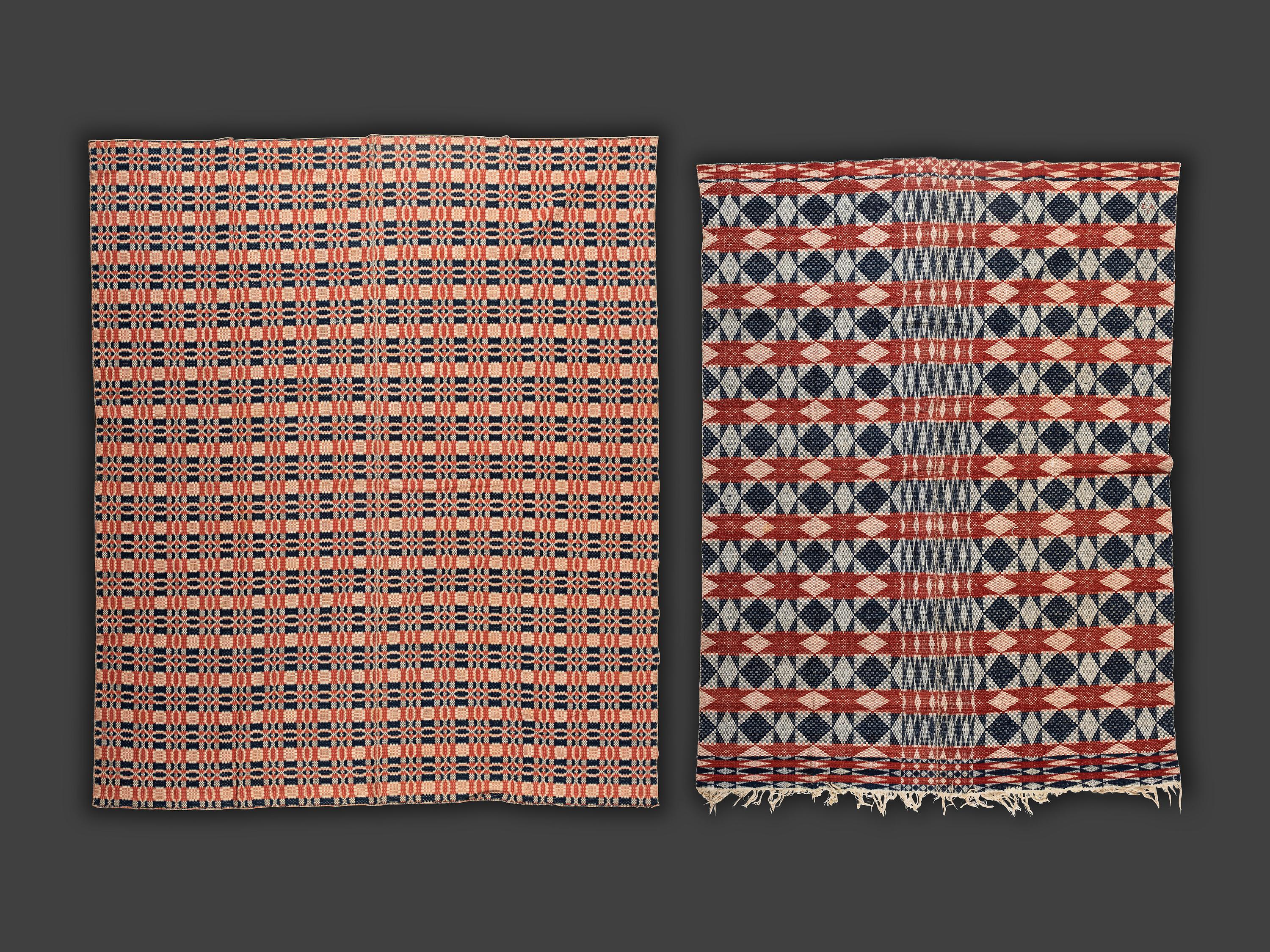 Four Red, White and Blue Woven Jacquard Coverlets