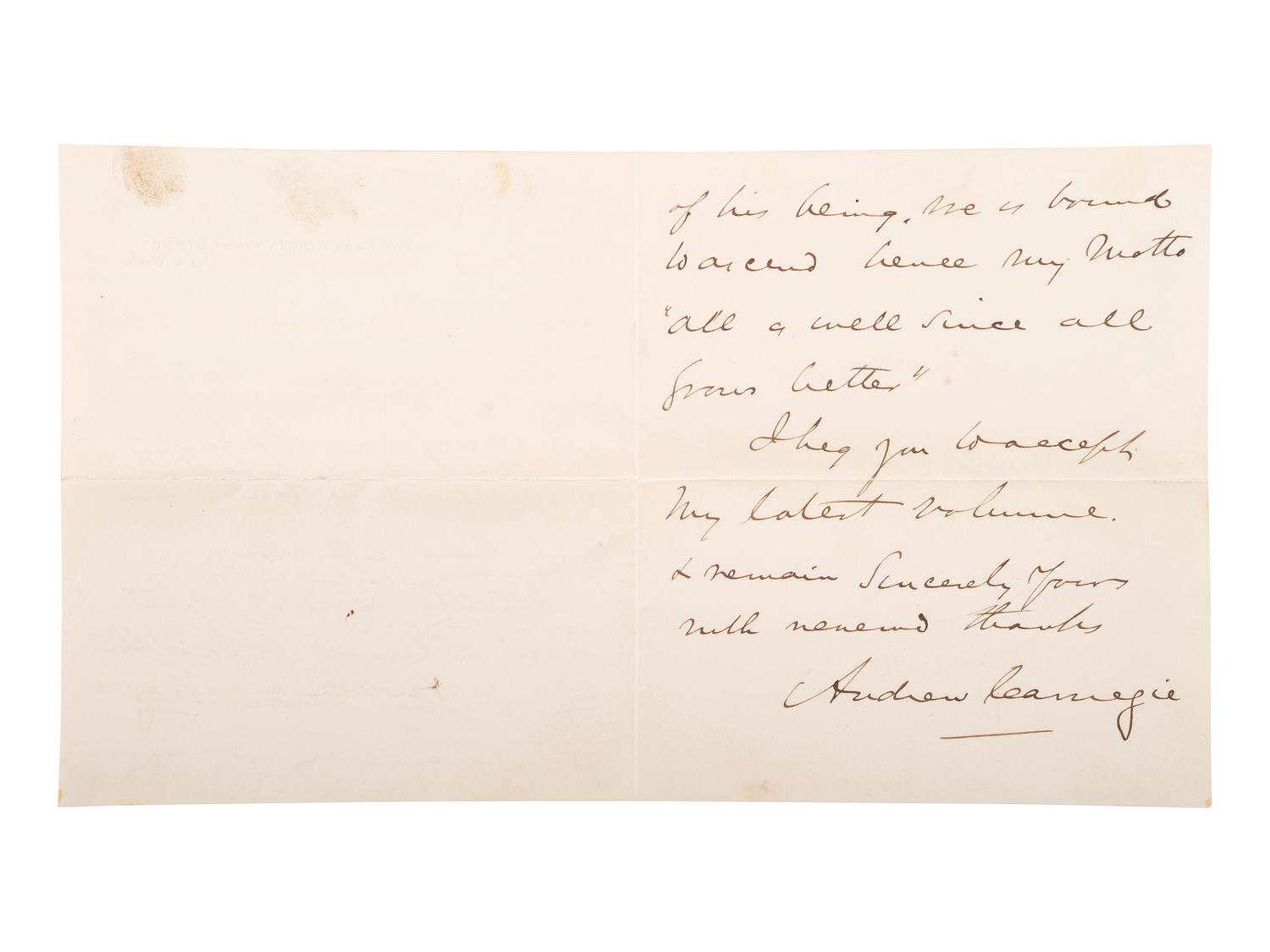 CARNEGIE, Andrew (1835-1919). Autograph letter signed ("Andrew Carnegie"), to Mr. John Martin. New York, 28 January 1911.