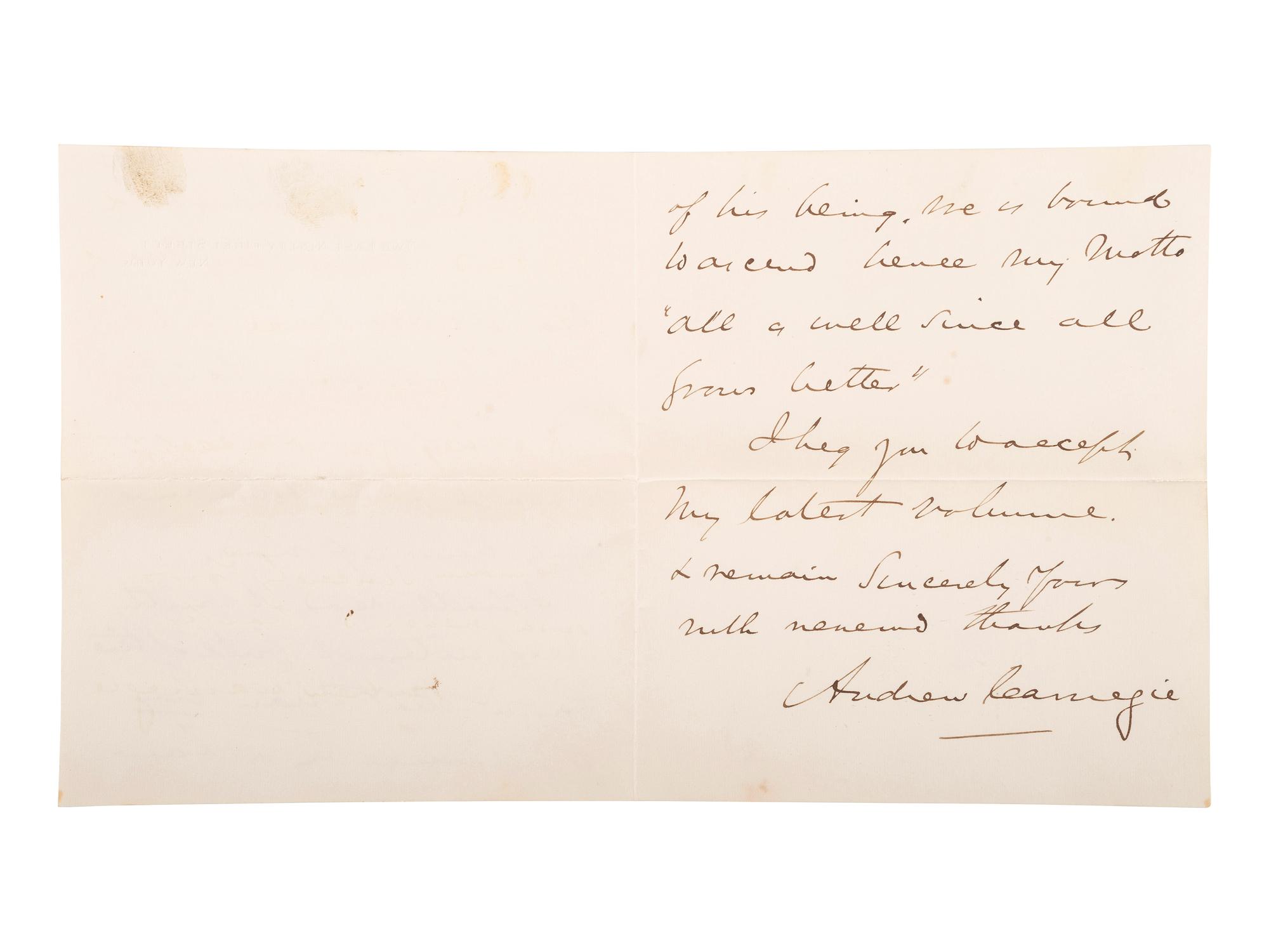 CARNEGIE, Andrew (1835-1919). Autograph letter signed ("Andrew Carnegie"), to Mr. John Martin. New York, 28 January 1911.