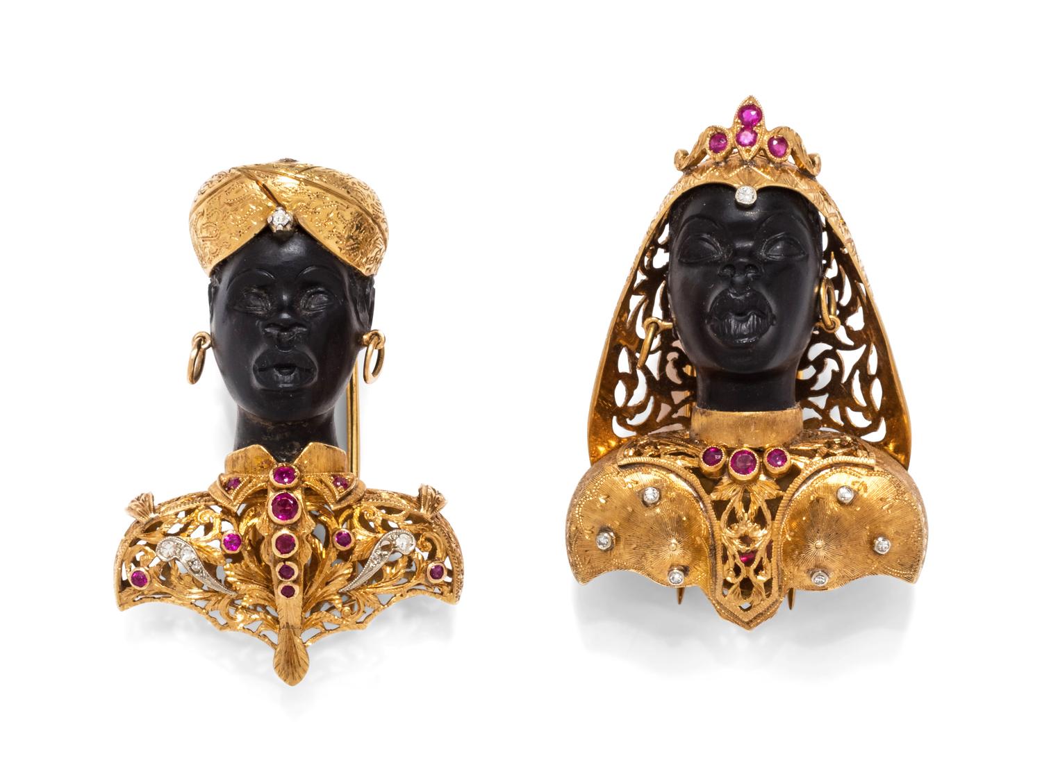 A Collection of 18 Karat Yellow Gold, Diamond and Ruby Blackamoor Brooches,