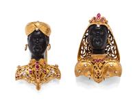 A Collection of 18 Karat Yellow Gold, Diamond and Ruby Blackamoor Brooches,