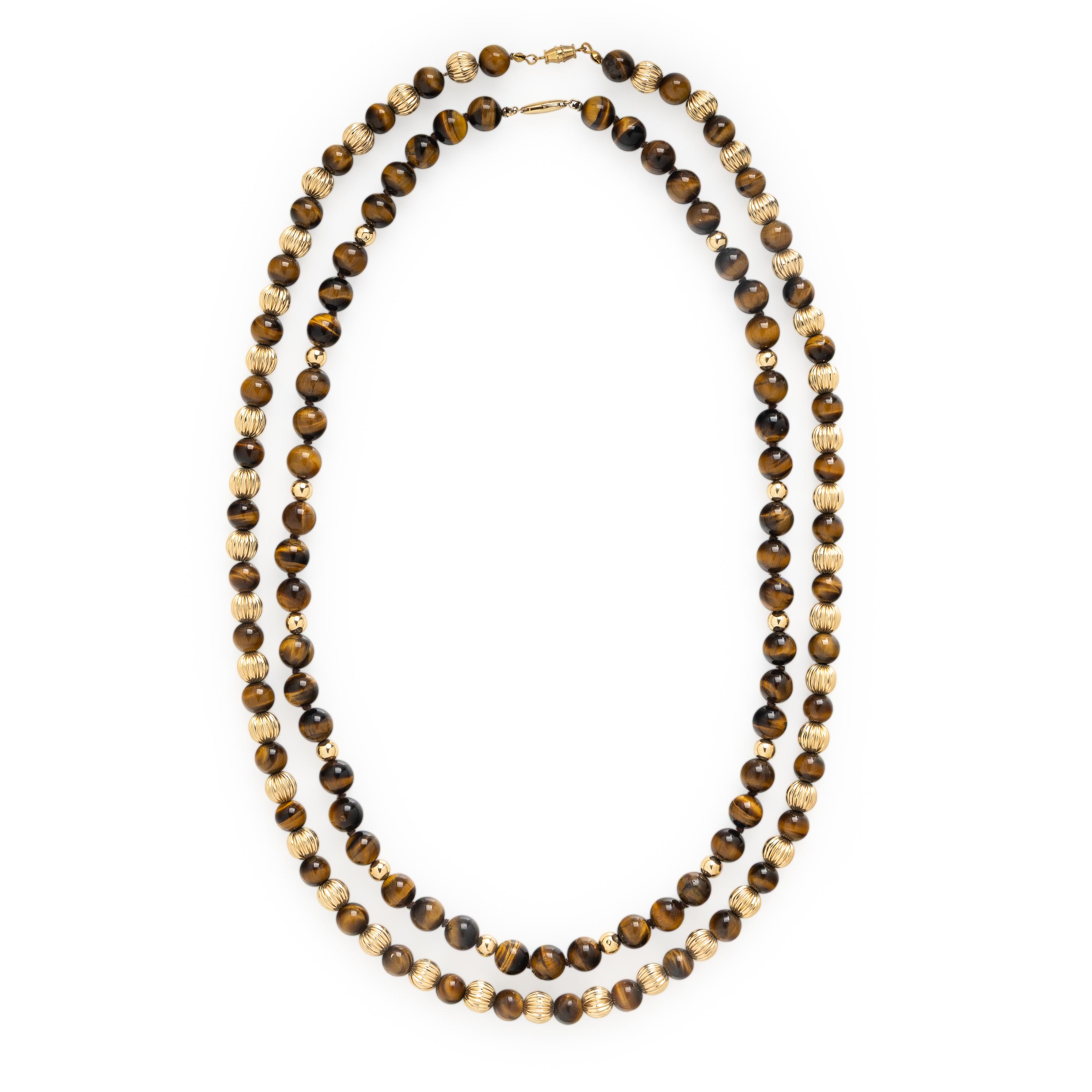 Two Tiger's Eye and Yellow Gold Beaded Necklaces