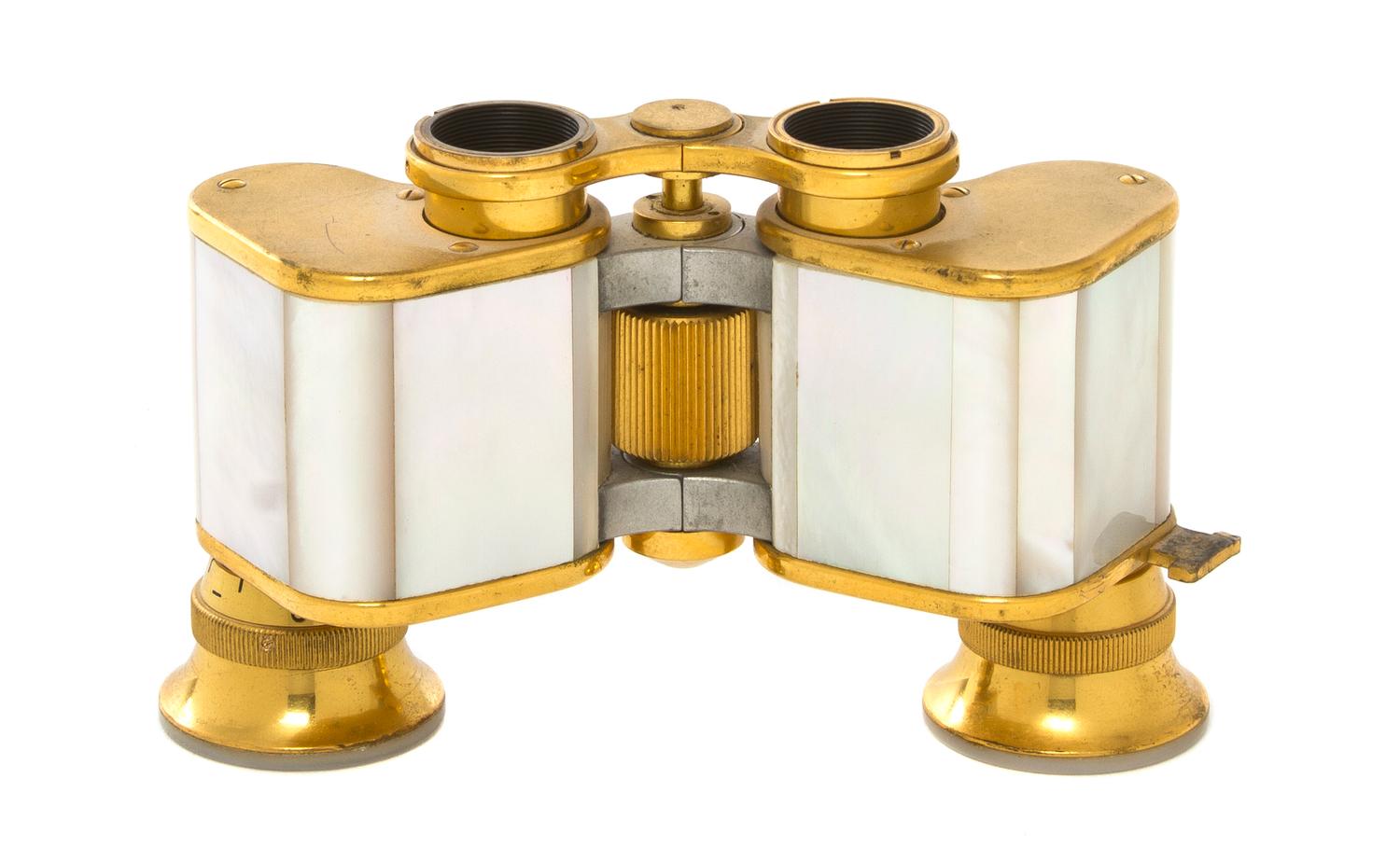 A Pair of Mother-of-Pearl Veneered Opera Glasses, Carl Zeiss, Width 3 7/8 inches.