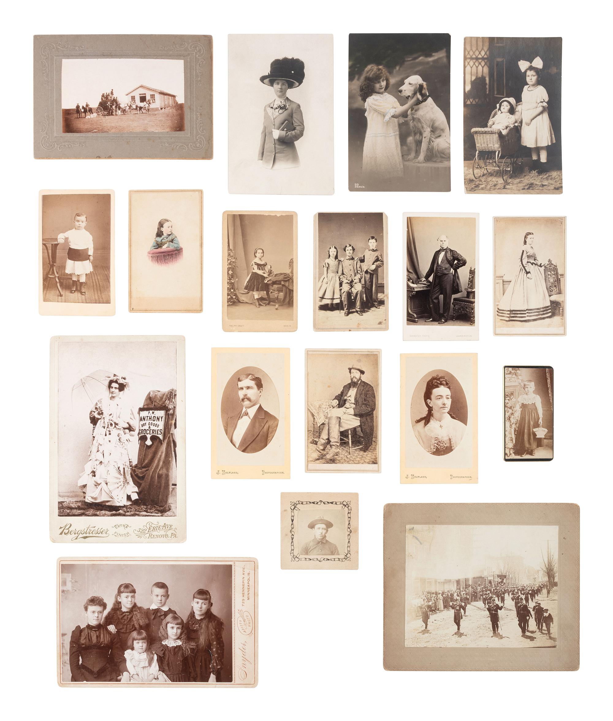 [EARLY PHOTO] Collection of paper photos, incl. CDVs, cabinet cards, RPPCs, silver gelatin prints.