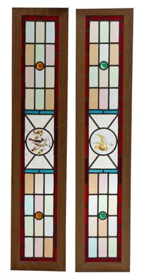 A Pair of Leaded and Stained Glass Windows, Height 40 x width 6 inches.