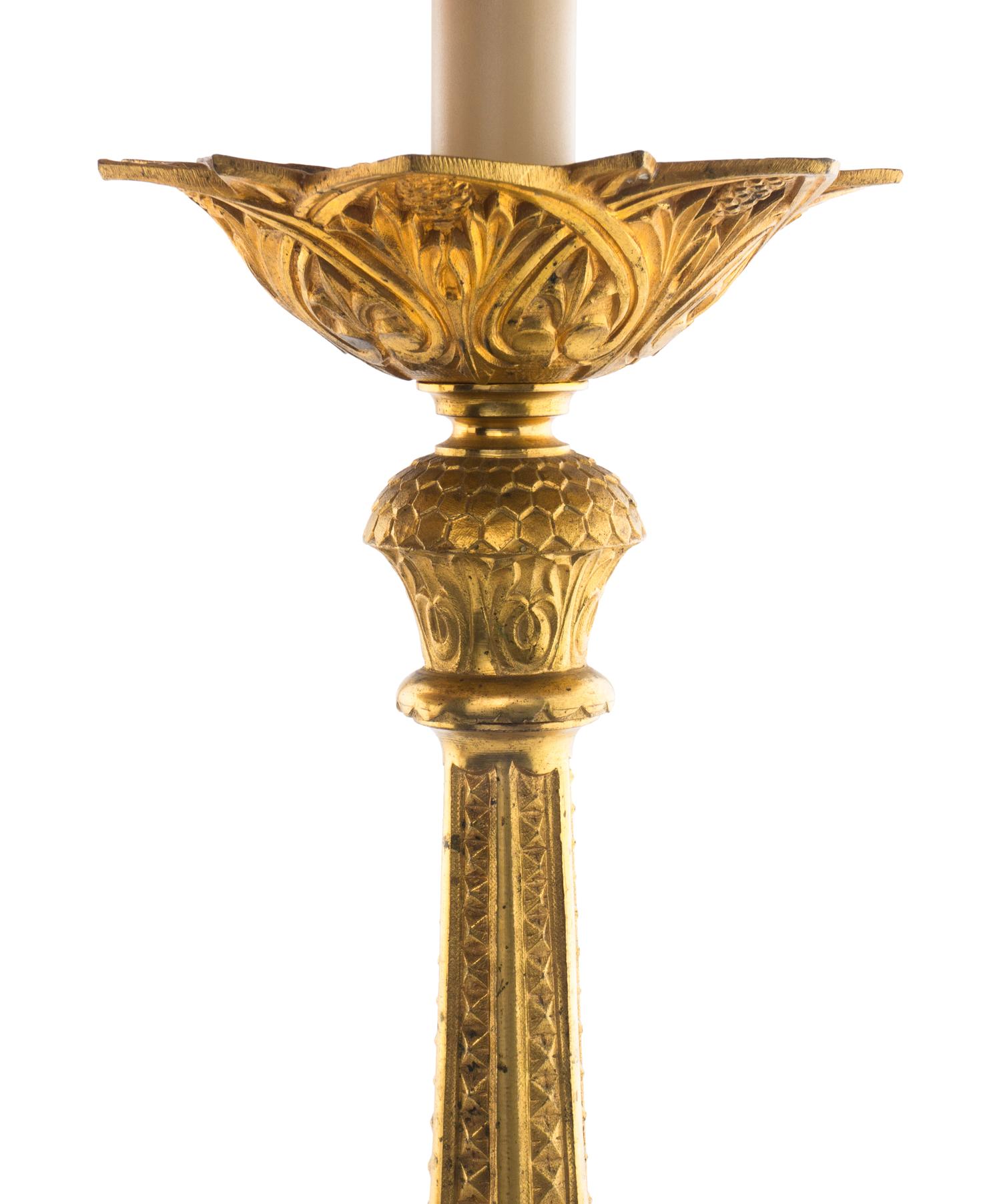 A Pair of French Gilt Bronze Prickets Mounted as Lamps