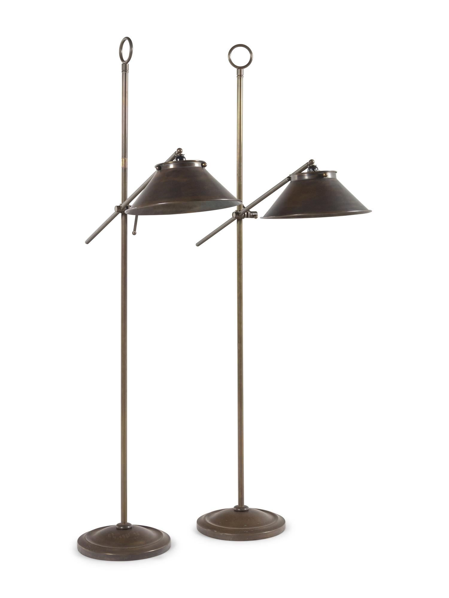 A Pair of Contemporary Patinated Brass Adjustable Floor Lamps