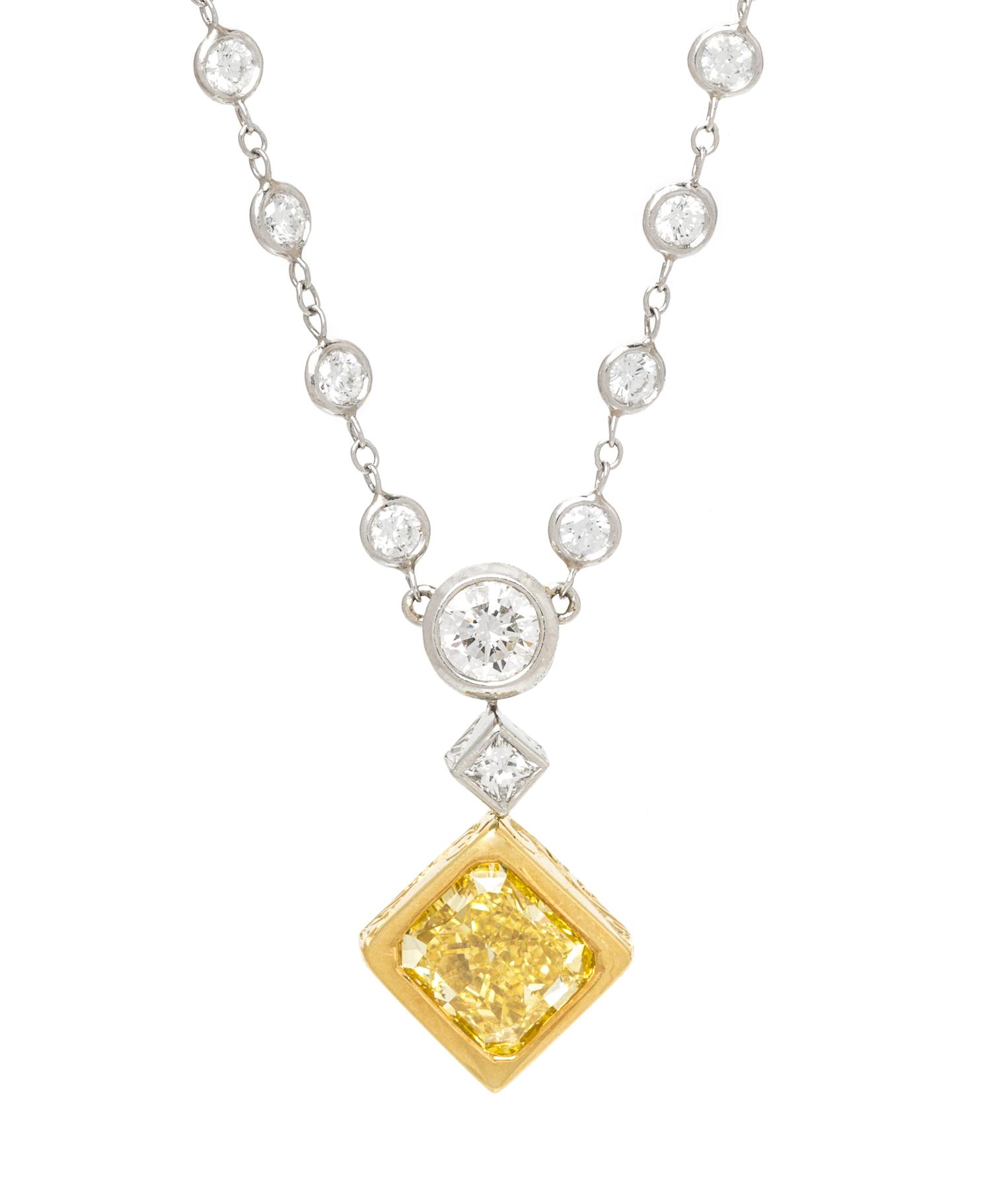 A Platinum, 18 Karat Yellow Gold, Fancy Vivid Yellow Diamond and Diamond Necklace, Michael Beaudry, 9.25 dwts.