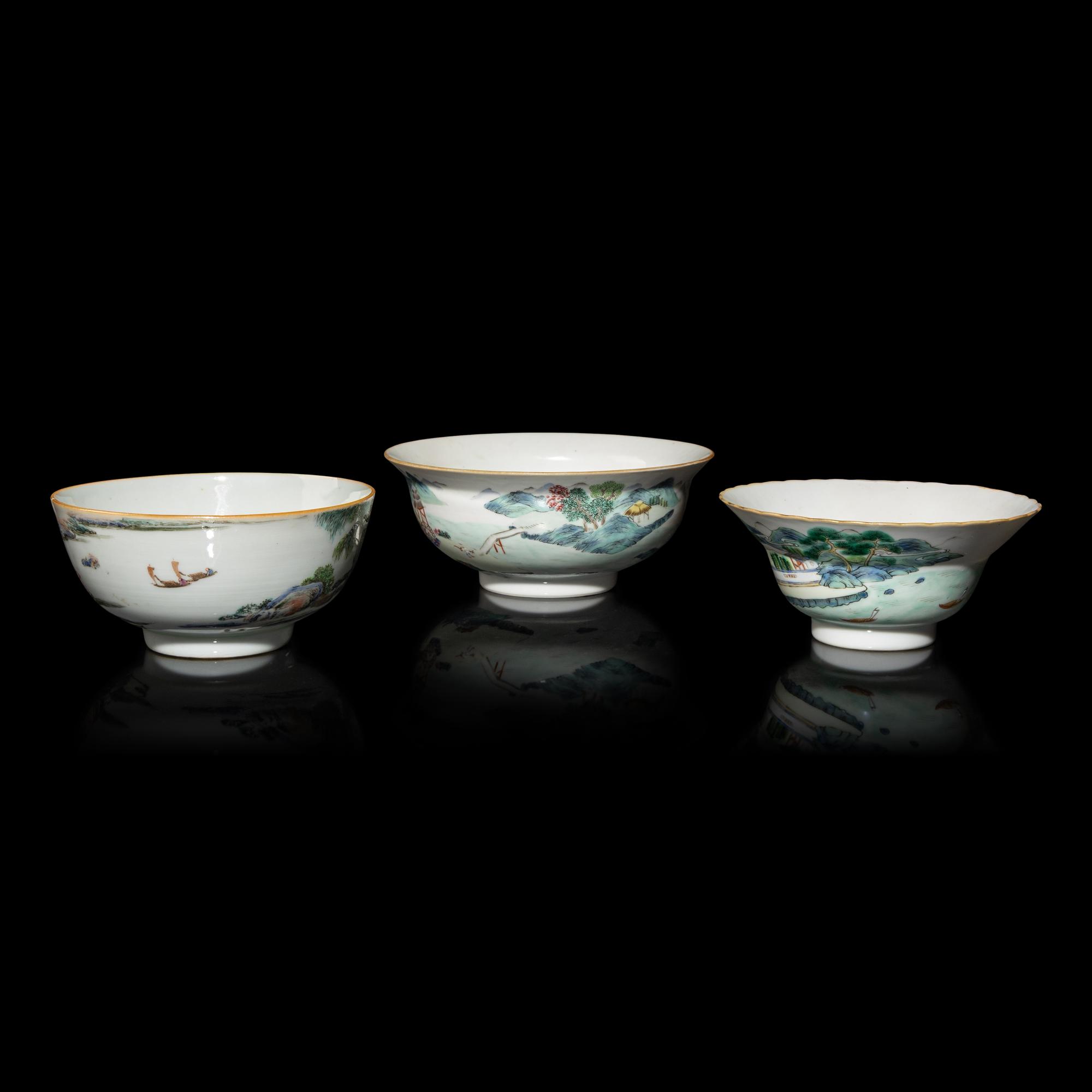 Three Chinese Famille Rose Porcelain 'Landscape' Bowls, Late 19th-Early 20th Century — 晚清-民國 粉彩山水圖碗三件