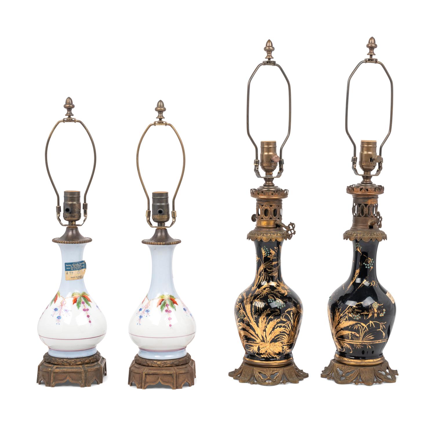 Two Pairs of French Enameled Glass Fluid Lamps Converted to Electricity
