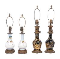Two Pairs of French Enameled Glass Fluid Lamps Converted to Electricity