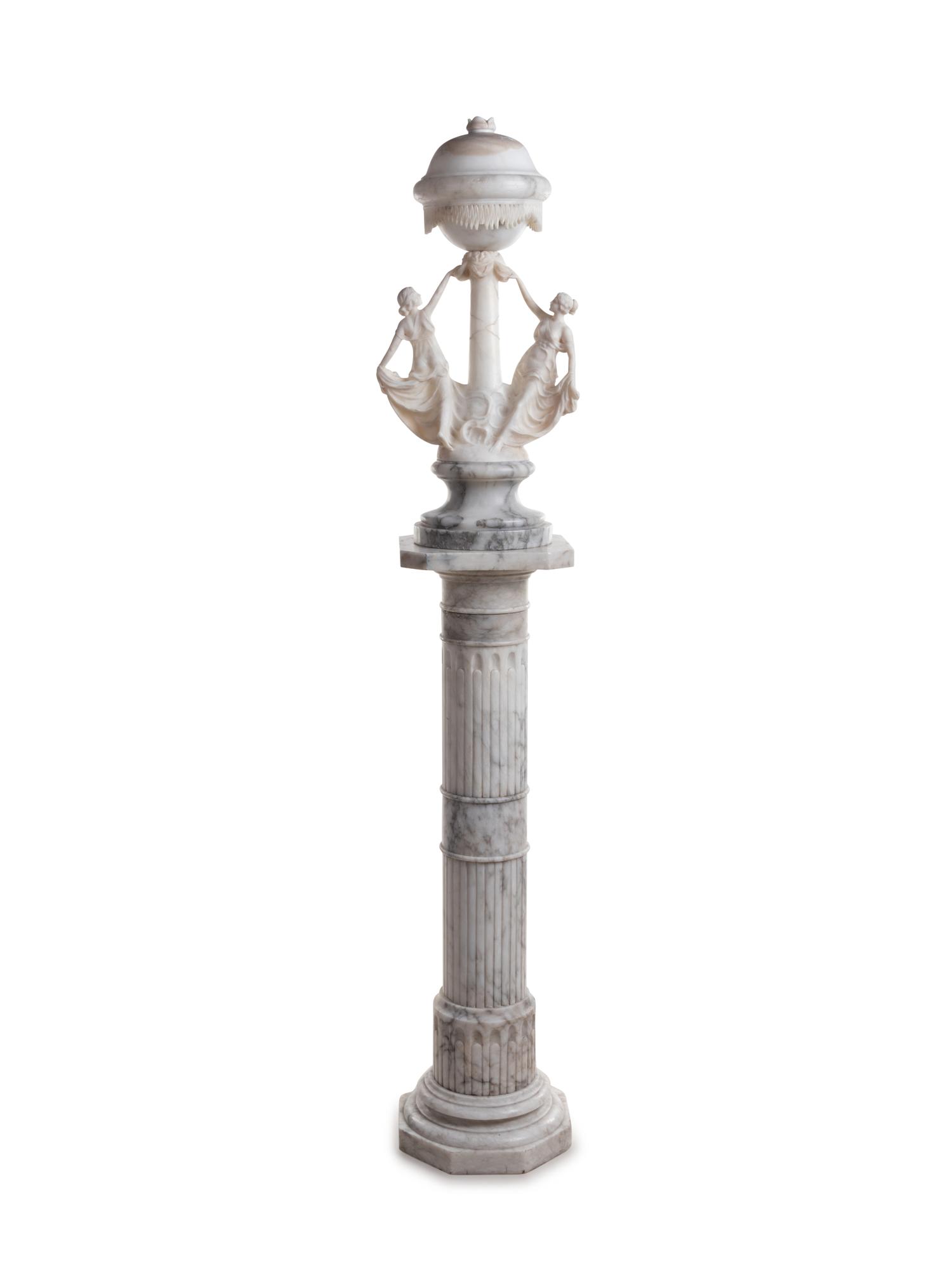 An Italian Alabaster Figural Lamp with an Associated Marble Pedestal