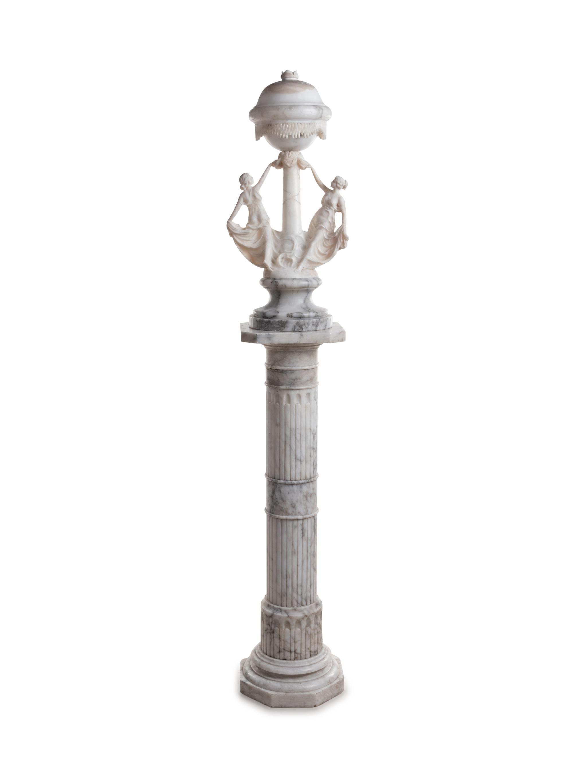 An Italian Alabaster Figural Lamp with an Associated Marble Pedestal