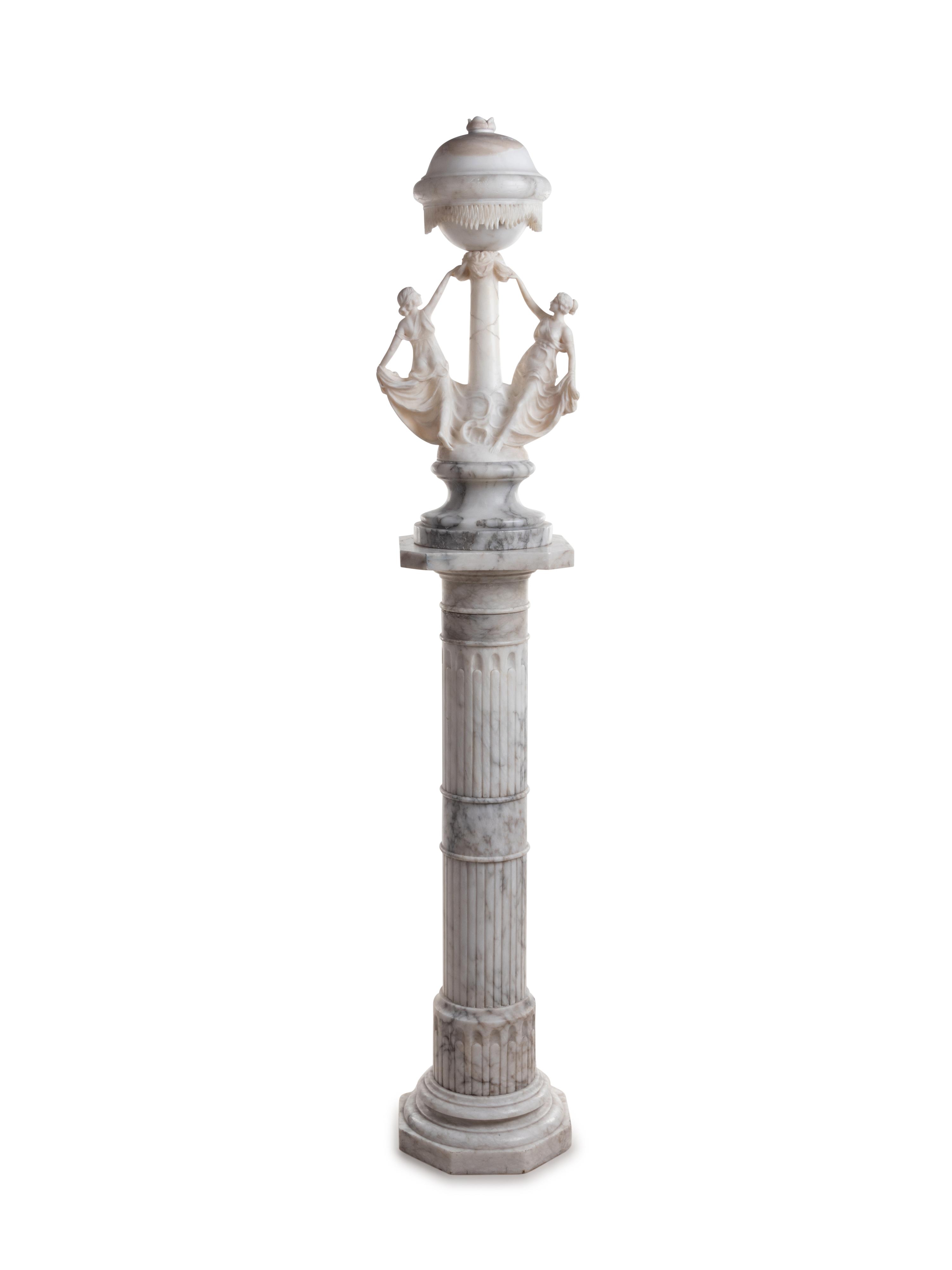 An Italian Alabaster Figural Lamp with an Associated Marble Pedestal