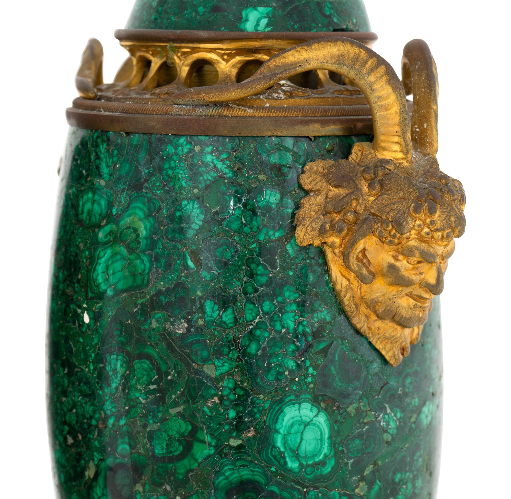 A Pair of French Gilt Bronze Mounted Malachite Cassolettes