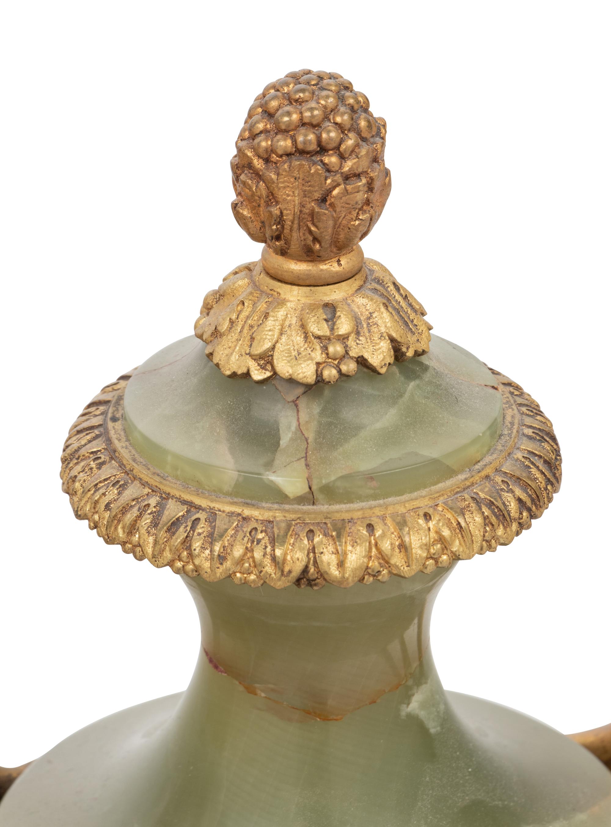 A Pair of Gilt Bronze Mounted Onyx Urns
