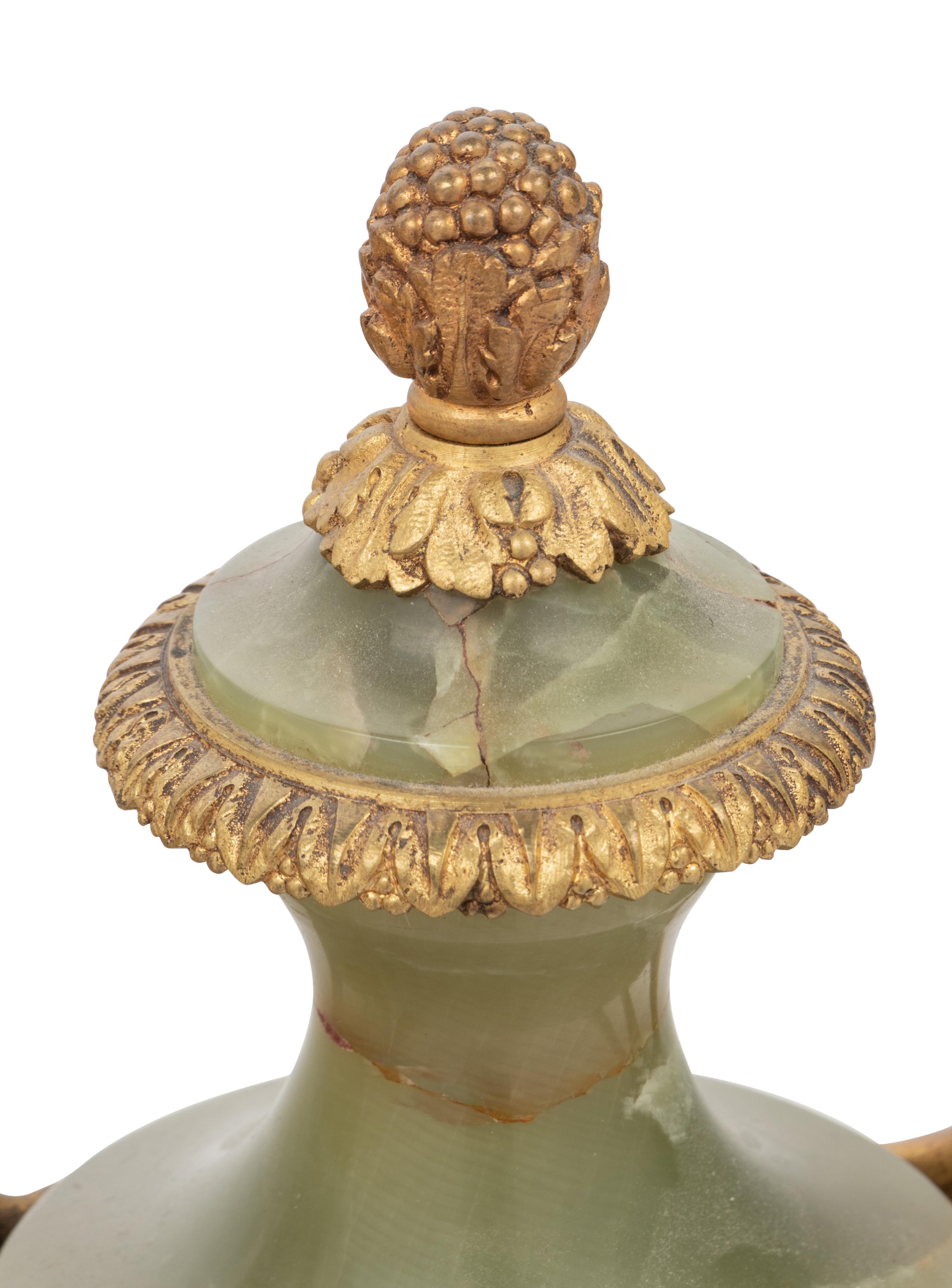 A Pair of Gilt Bronze Mounted Onyx Urns
