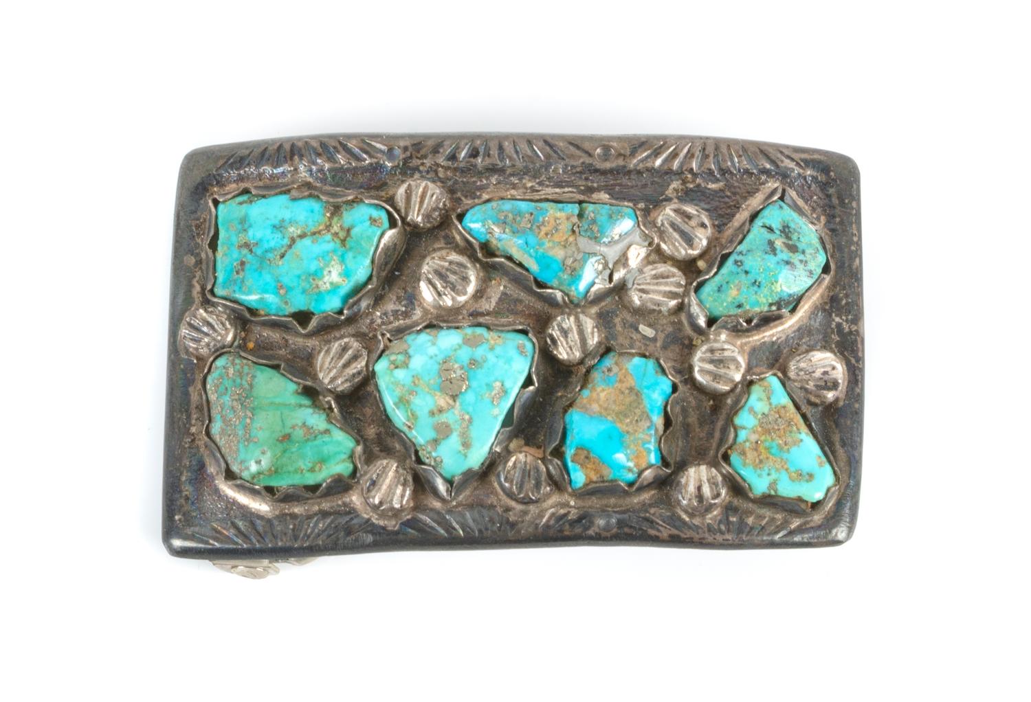 Southwestern Silver and Turquoise Belt Buckle Height 1 1/4 x width 3 inches