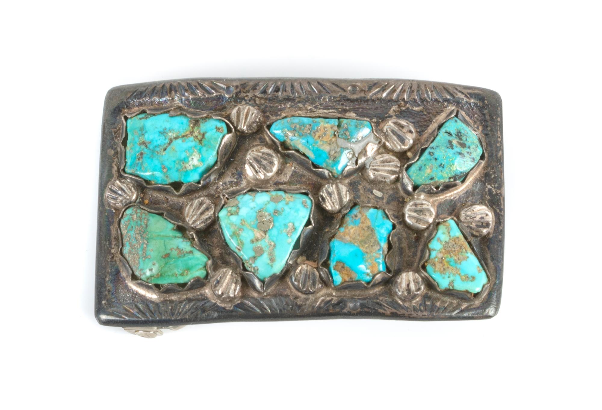 Southwestern Silver and Turquoise Belt Buckle Height 1 1/4 x width 3 inches