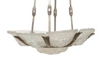 A French Art Deco Molded and Frosted Glass Eight-Light Chandelier in the manner of Hettier & Vincent