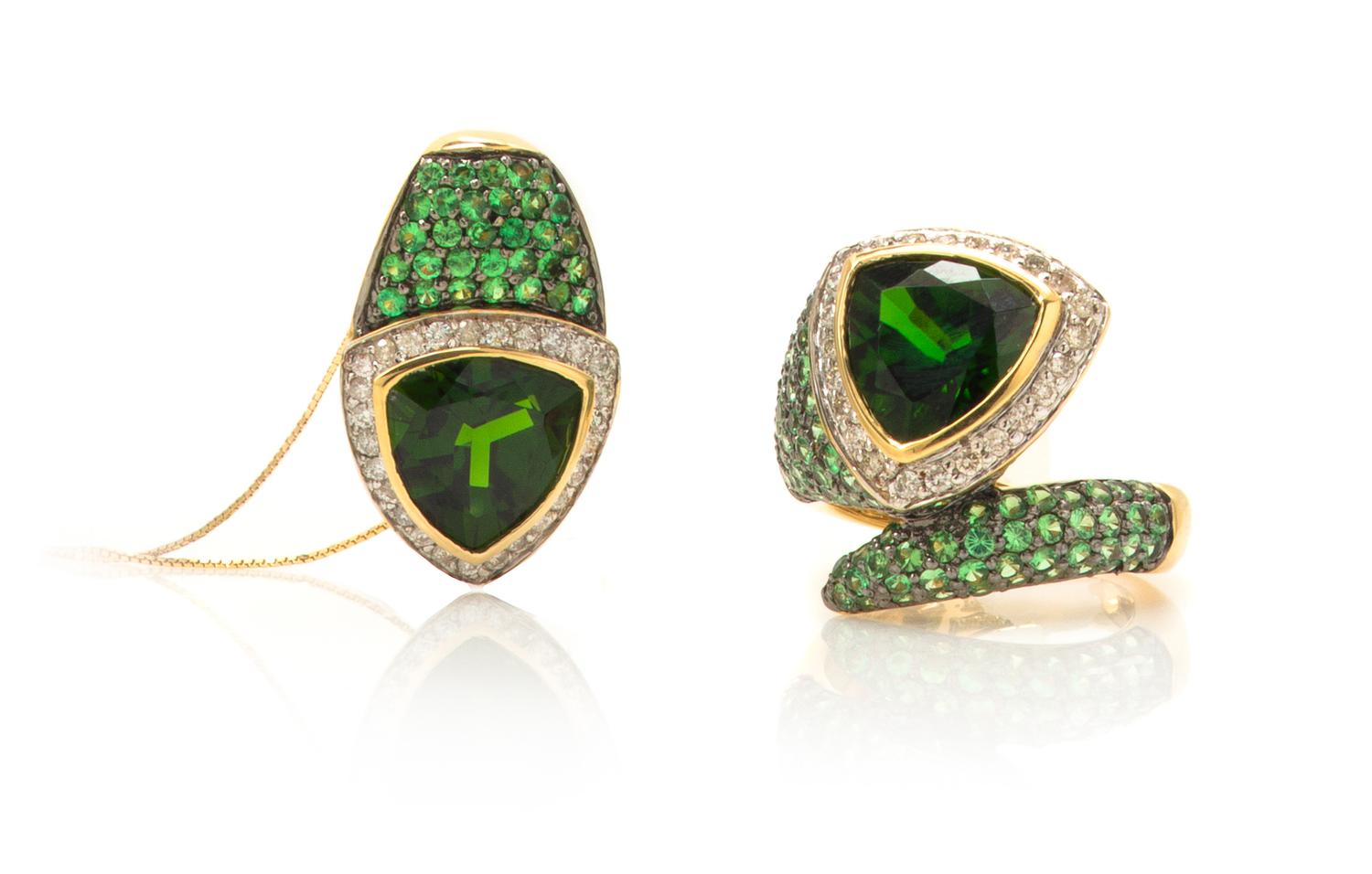 A 14 Karat Yellow Gold, Chrome Diopside, Peridot & Diamond Demi Parure, 7.70 dwts.