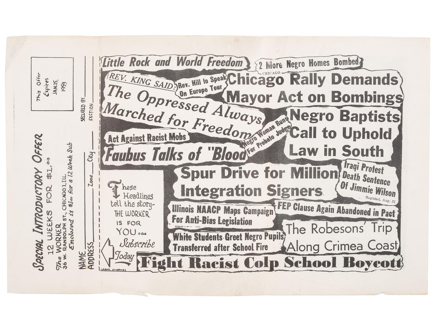 [CIVIL RIGHTS]. Why You Should Read The Worker. [Chicago]: [ The Worker ], [1958].