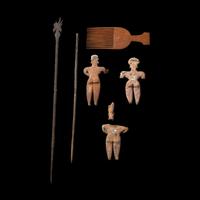 Four Colima Female Figures, Two Akan Wood Spears, and a Wood Comb