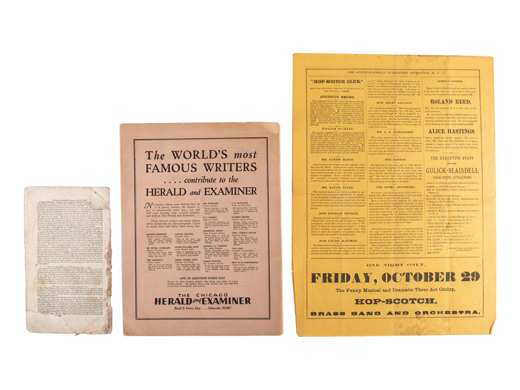 [CIRCUS] -- [SIDESHOWS]. A group of 4 items associated with unusual performing acts highlighted by a broadside advertising the "Illinois Giant Boy!" ca 1879.