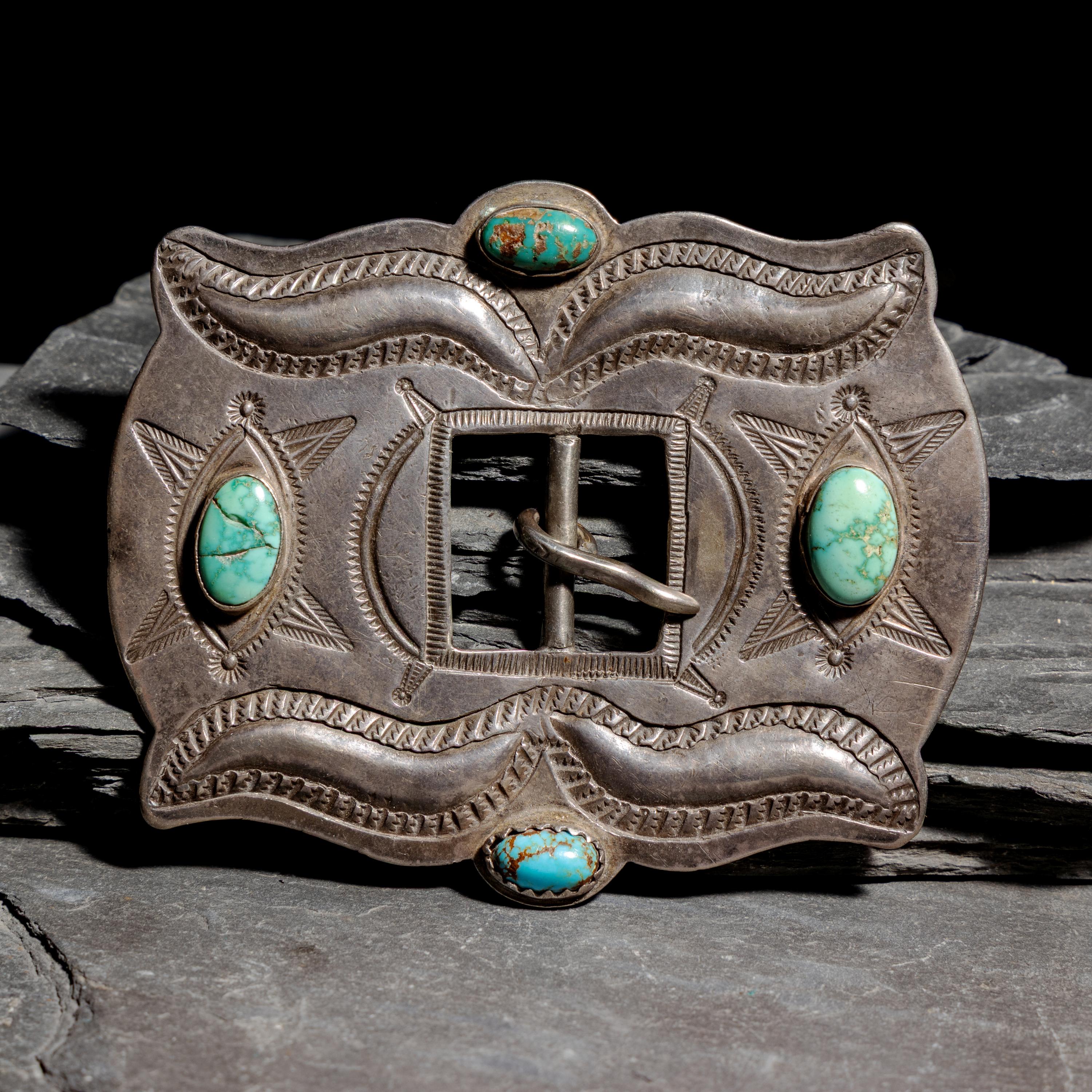 Navajo Silver and Turquoise Belt Buckle, from a Third Phase Concha Belt