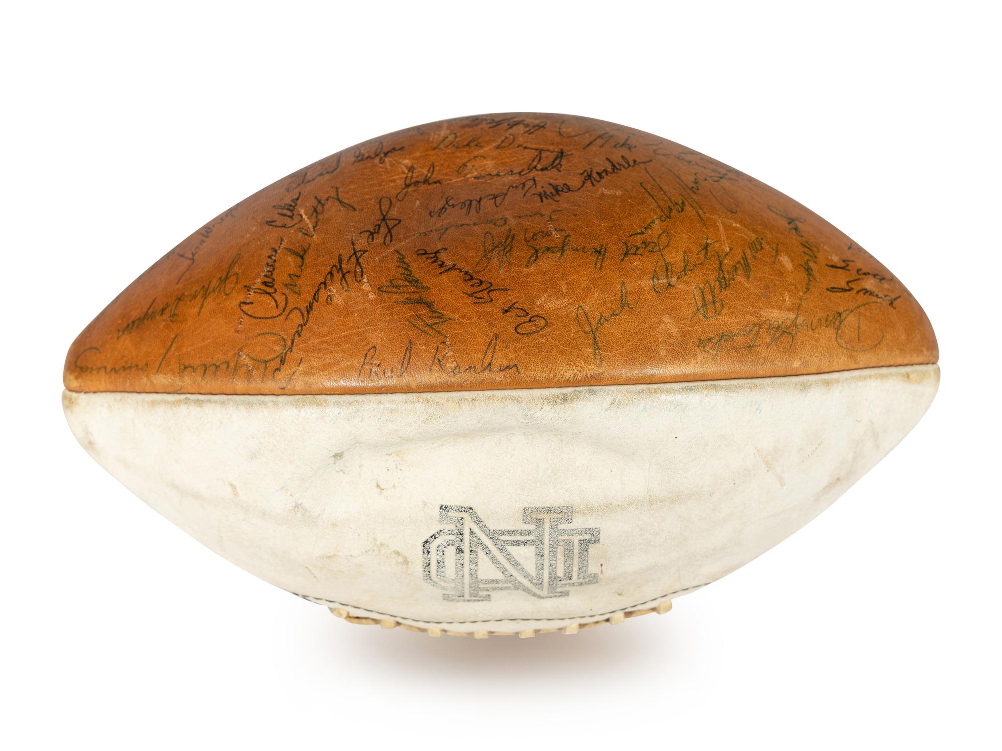 A 1970 Notre Dame Team Signed Autograph Football and Ara Parseghian Signed Large Format Photograph (Beckett Authentication Services BAS Certified)