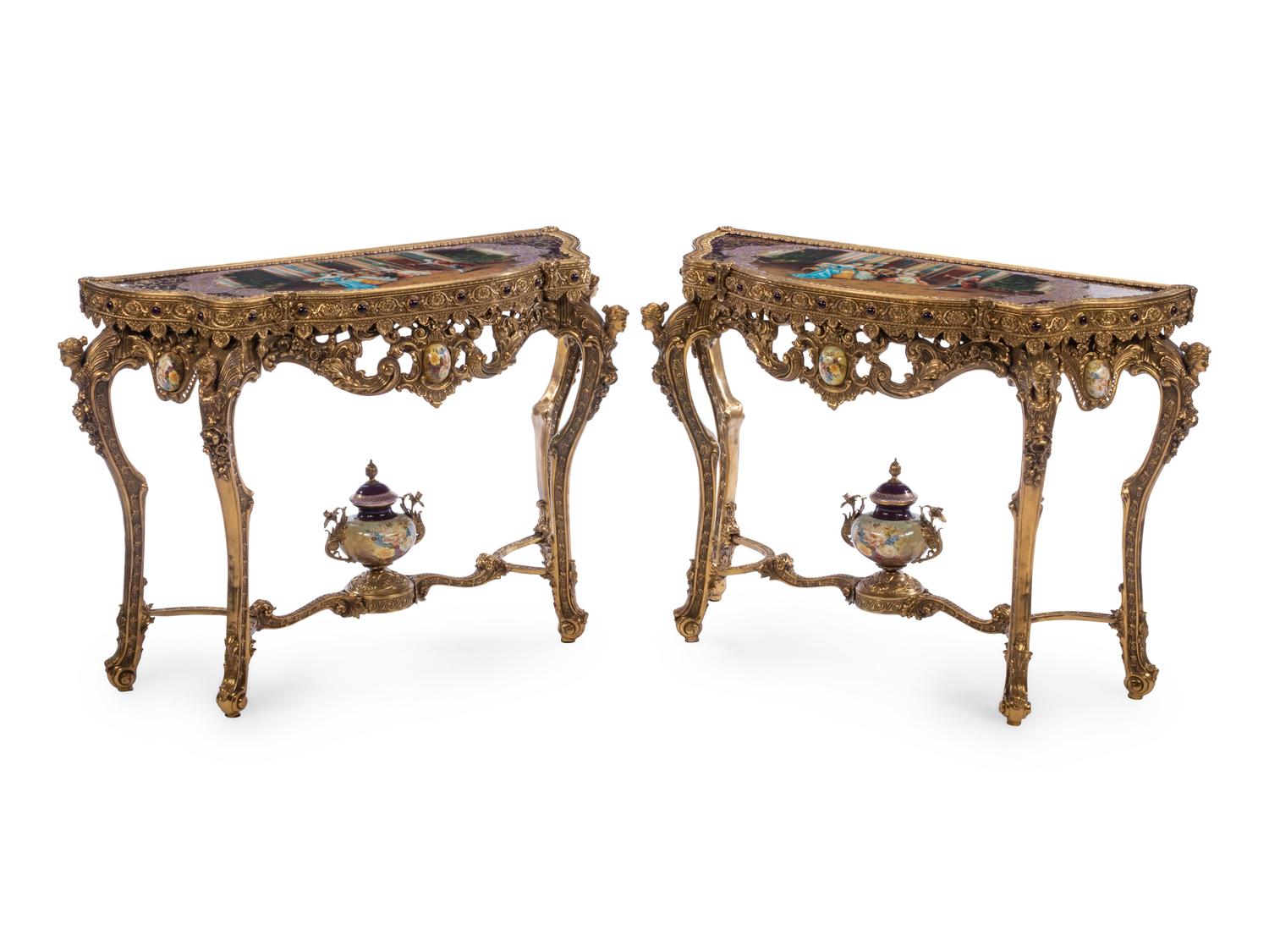 A Pair of French Gilt Bronze and Transfer-Printed Porcelain Mounted Console Tables