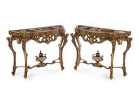 A Pair of French Gilt Bronze and Transfer-Printed Porcelain Mounted Console Tables