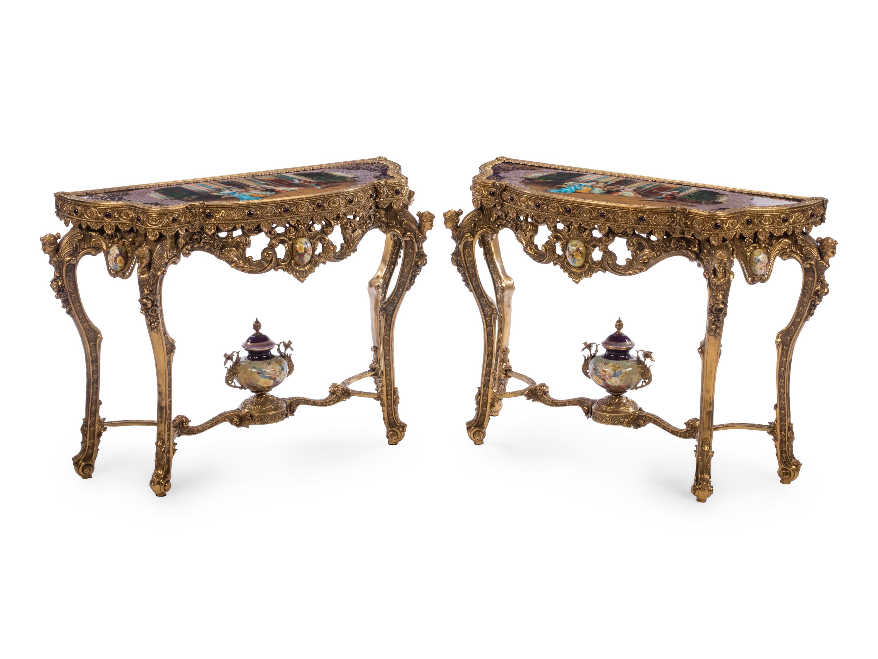 A Pair of French Gilt Bronze and Transfer-Printed Porcelain Mounted Console Tables