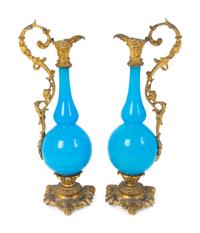 A Pair of Gilt Bronze Mounted Blue Opaline Glass Ewers — LATE 19TH CENTURY