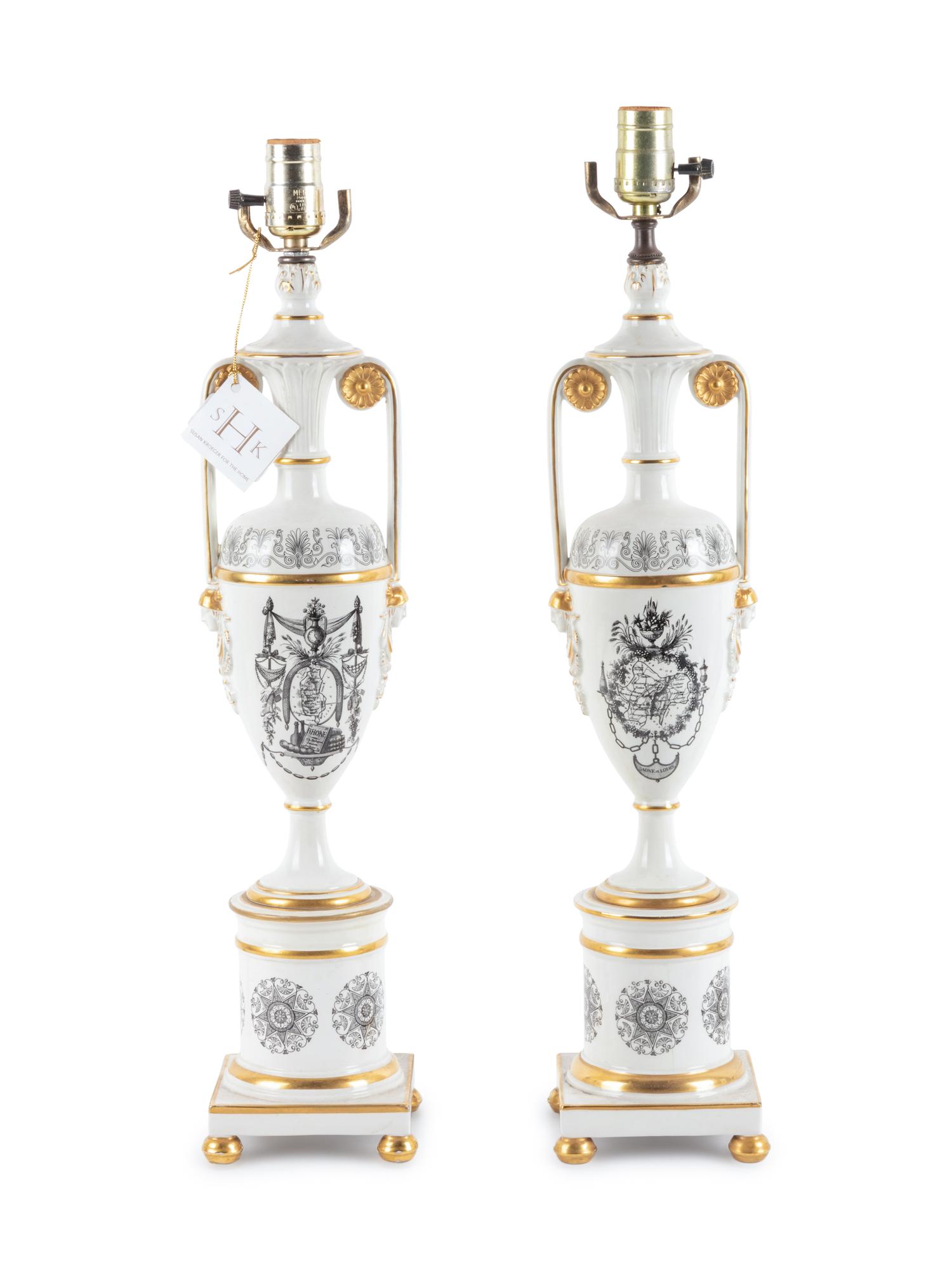A Pair of Transfer Decorated Porcelain Lamps
