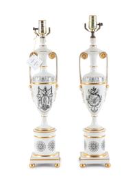 A Pair of Transfer Decorated Porcelain Lamps