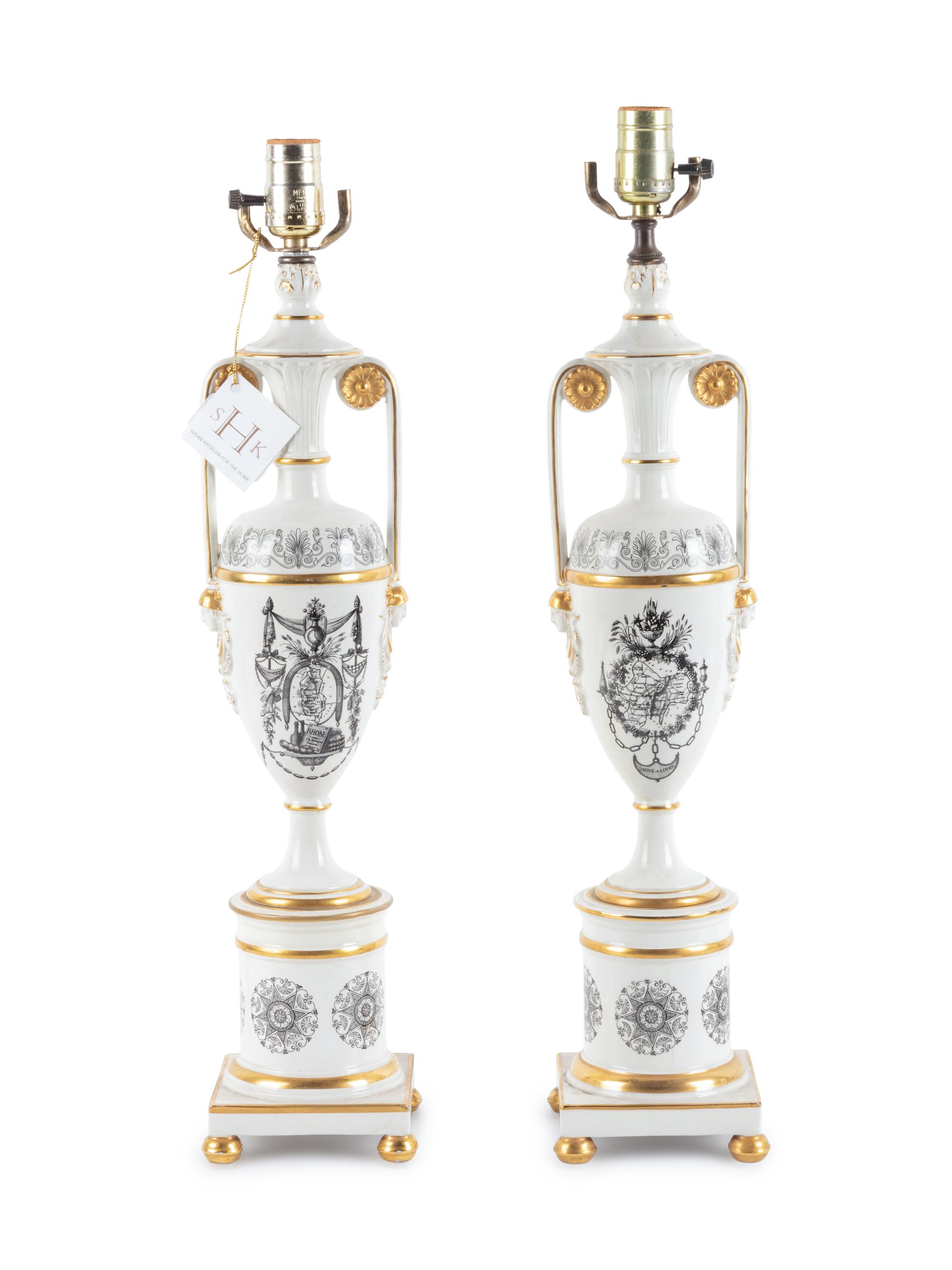 A Pair of Transfer Decorated Porcelain Lamps