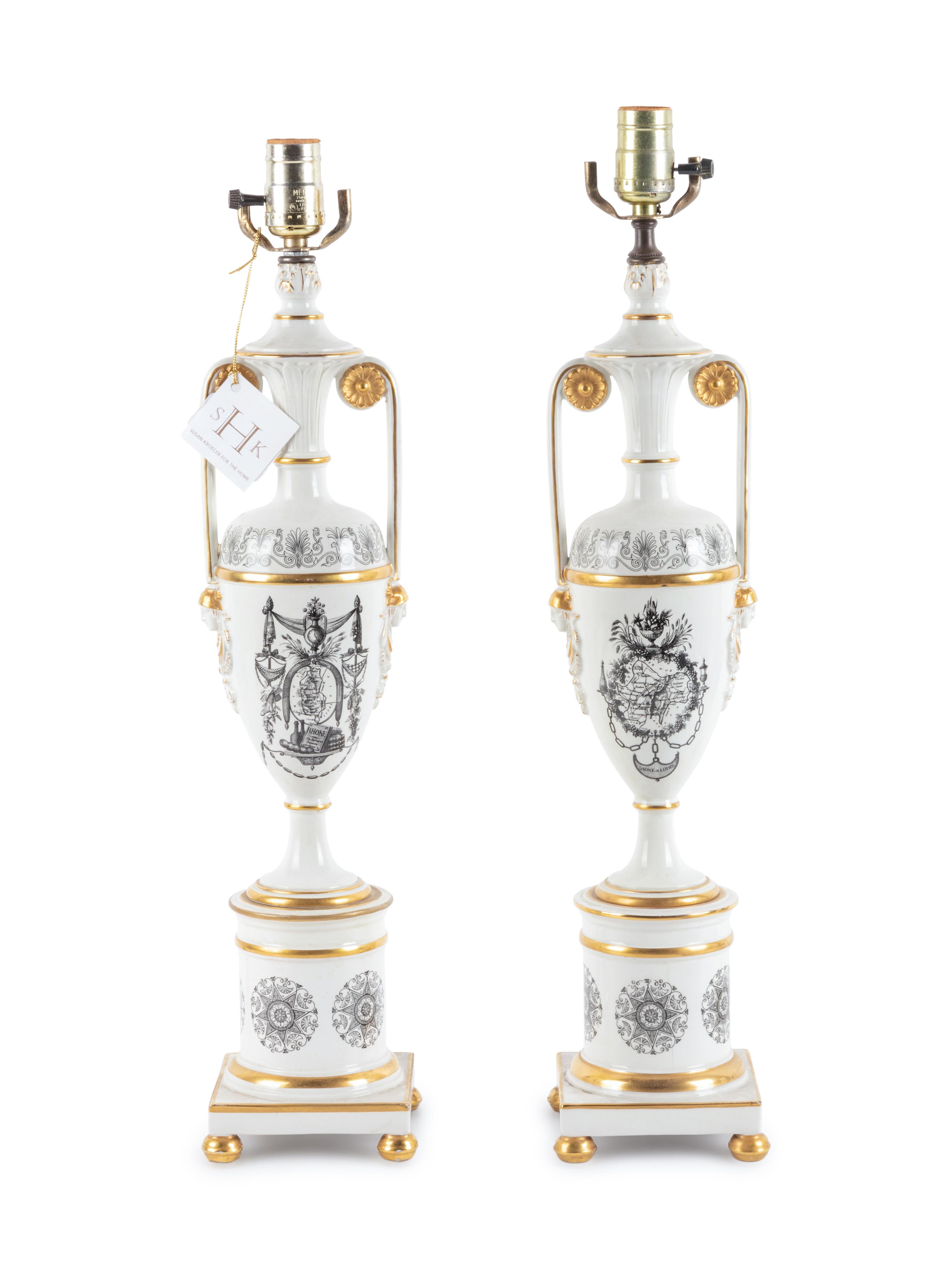 A Pair of Transfer Decorated Porcelain Lamps