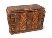 A Salish Cedar Basket Trunk Height 11 1/2 x width 18 x depth 10 1/2 inches.