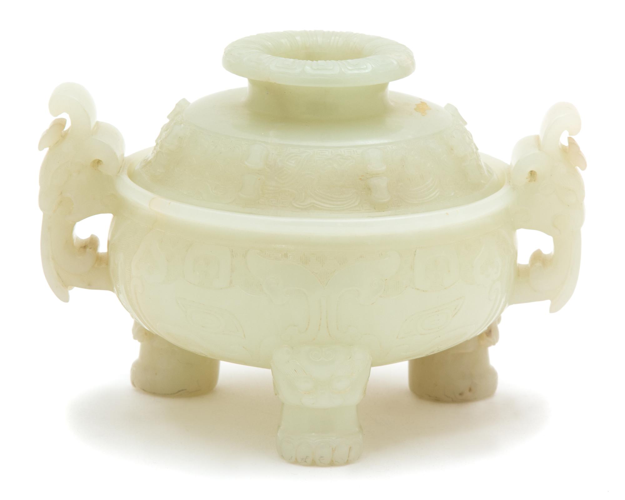 A Carved Jade Tripod Censer and Cover — 19TH CENTURY