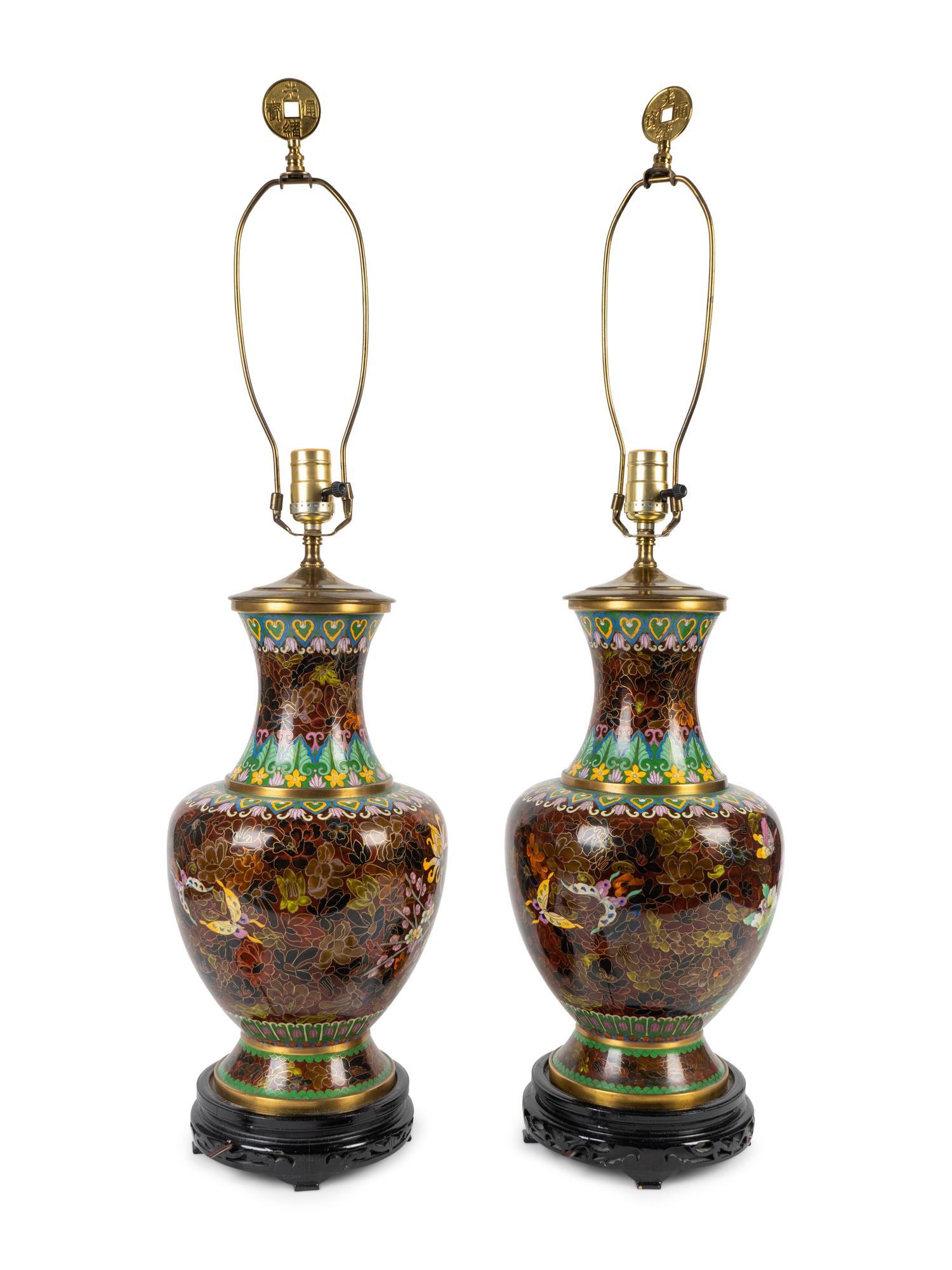 A Pair of Chinese Cloisonne Vases Mounted as a Lamps