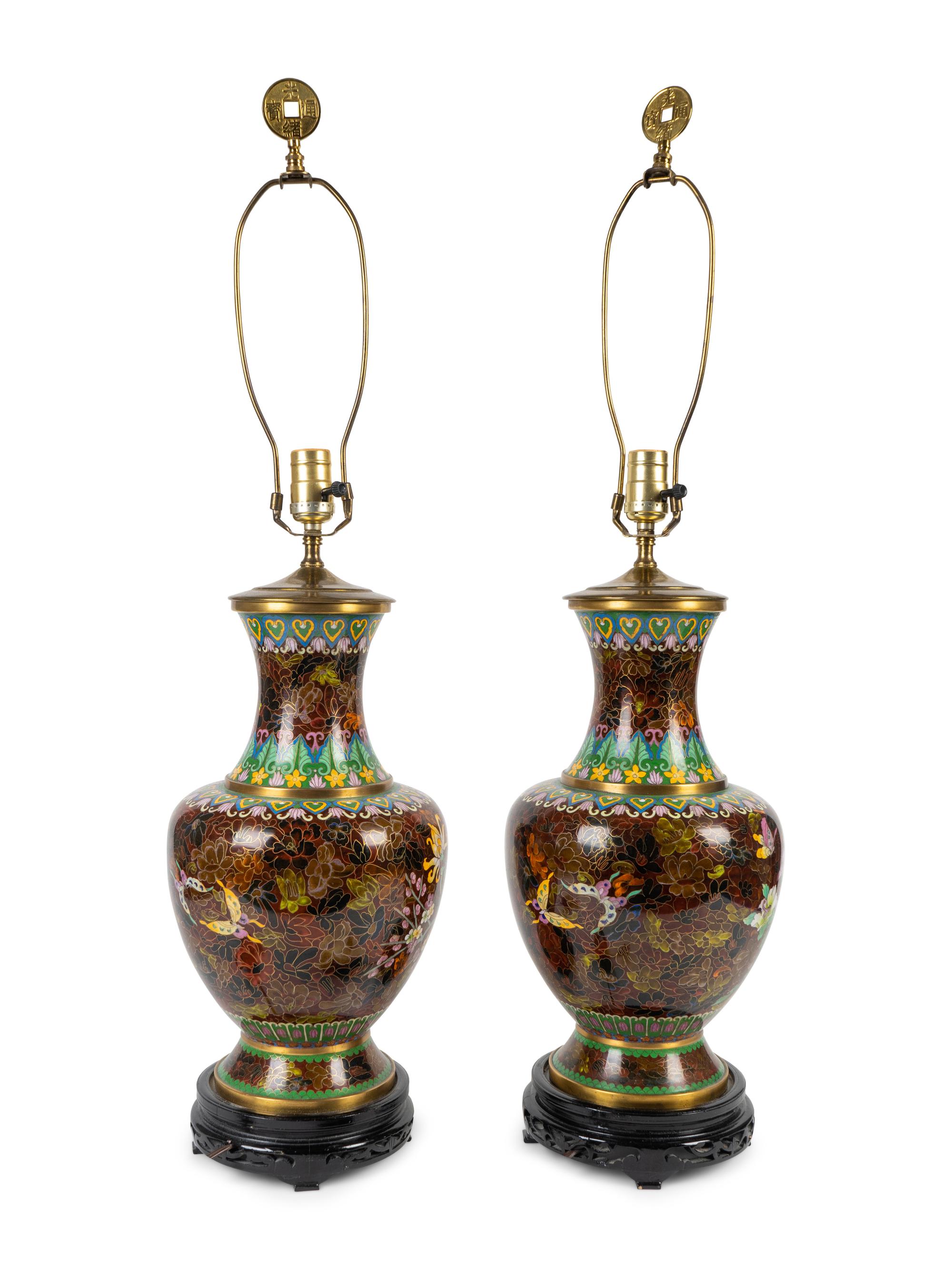 A Pair of Chinese Cloisonne Vases Mounted as a Lamps