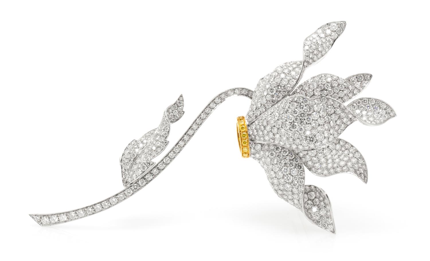 A Fine 18 Karat Gold, Colored Diamond and Diamond Flower Brooch, Ambrosi, 25.90 dwts.