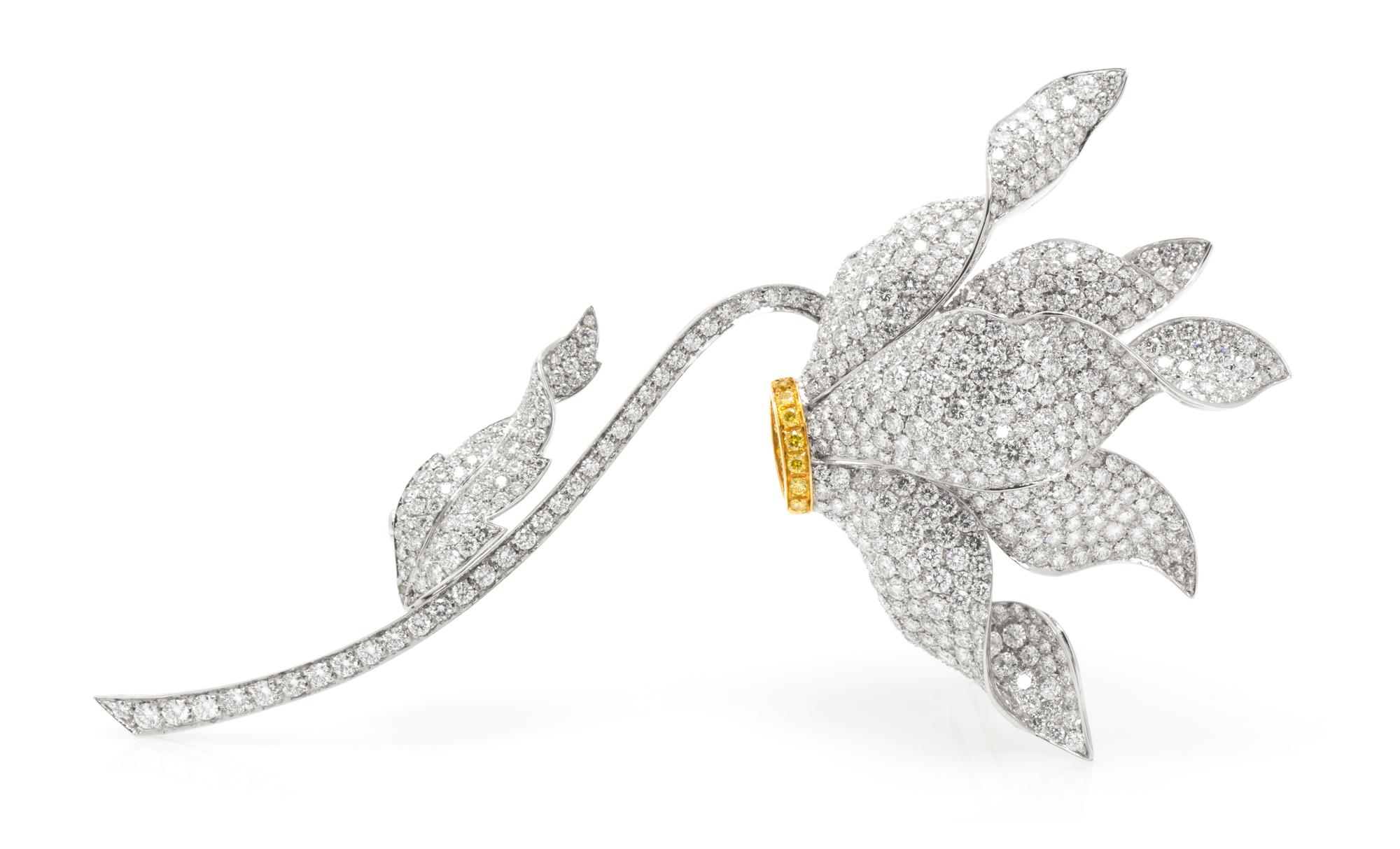 A Fine 18 Karat Gold, Colored Diamond and Diamond Flower Brooch, Ambrosi, 25.90 dwts.