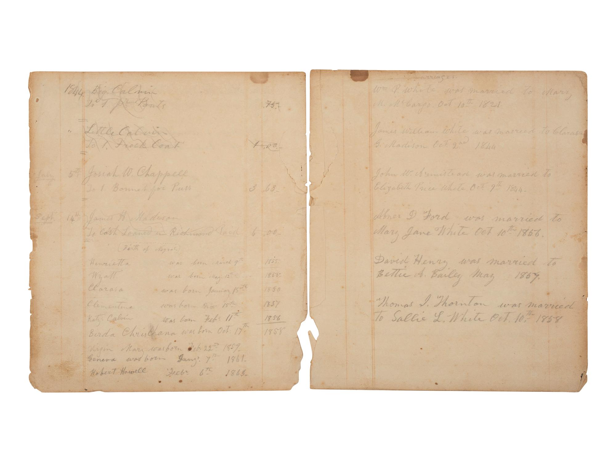 [ENSLAVEMENT & ABOLITION]. Four leaves from a ledger listing the Armistead and White family histories, incl. births of several enslaved individuals.