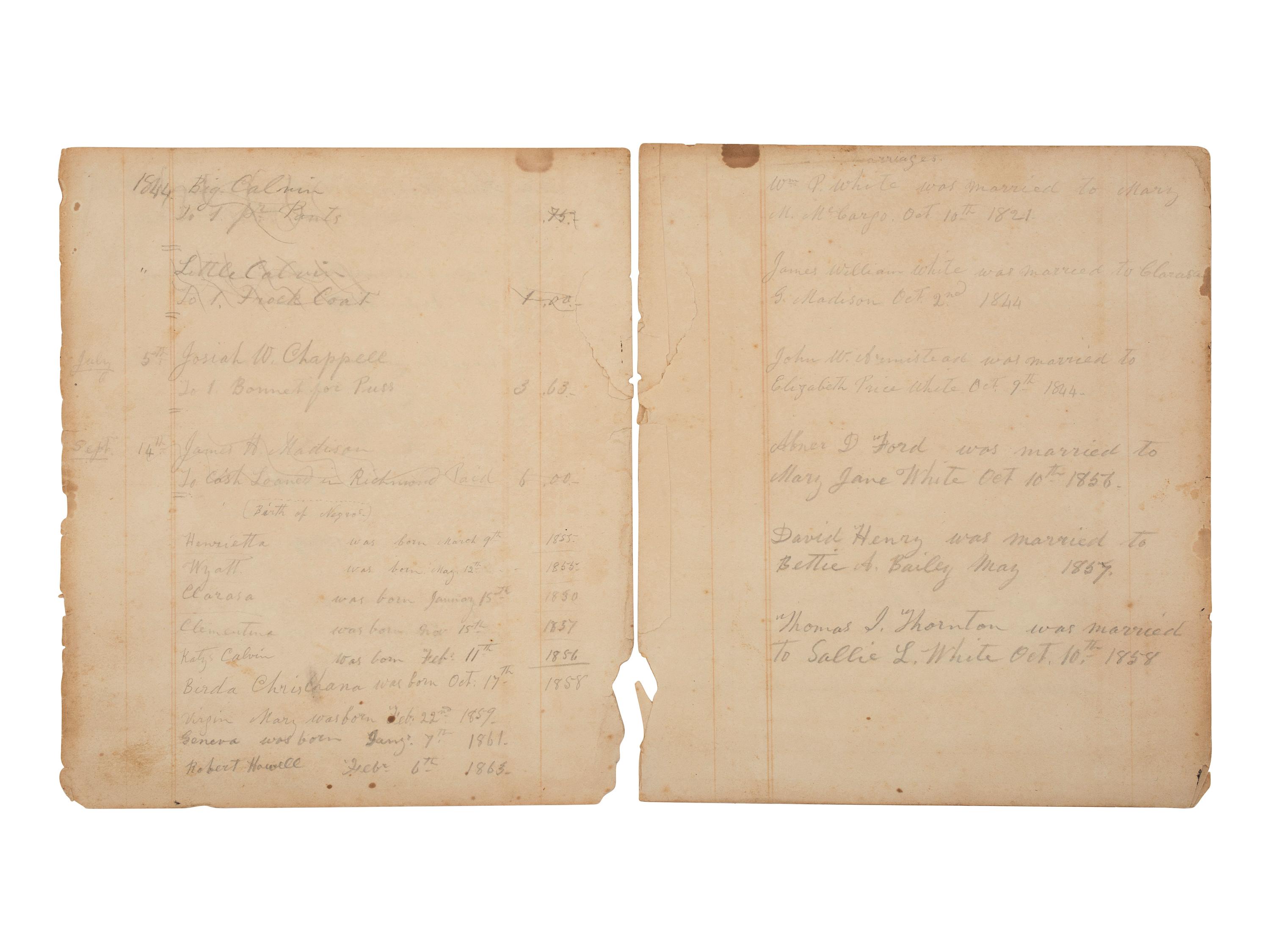[ENSLAVEMENT & ABOLITION]. Four leaves from a ledger listing the Armistead and White family histories, incl. births of several enslaved individuals.