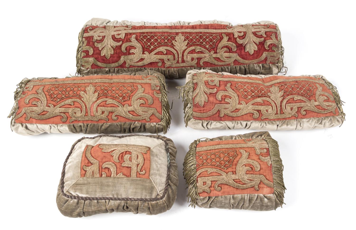 A Group of Five Embroidered Velvet Pillows Width of widest 29 inches.
